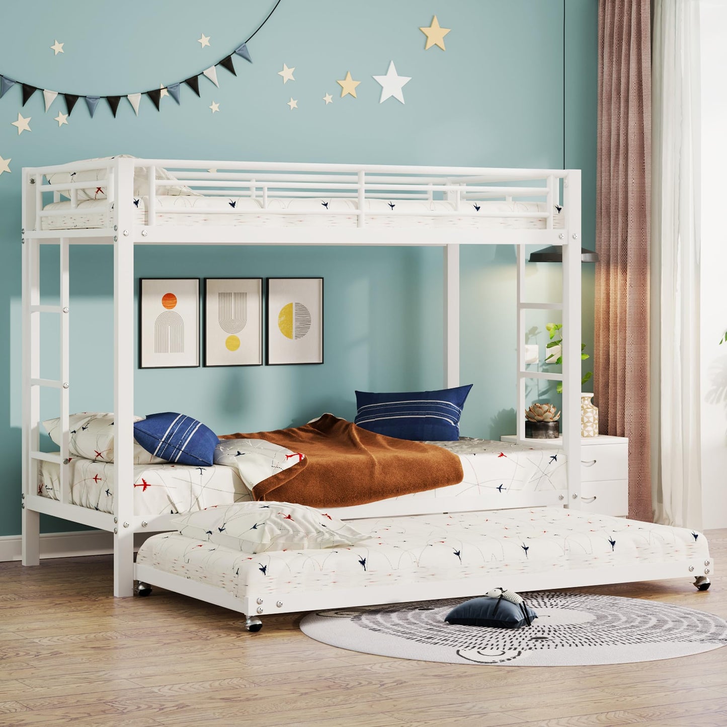 Merax Hausbett 90x200 cm mit 2 Schubladen, für 2 Kinder Doppelbett, Vielseitiges Holz Baumhausbett für Mädchen & Jungen, Stabil Spielbett Gitterbett mit Rausfallschutz und Lattenrost, Weiß