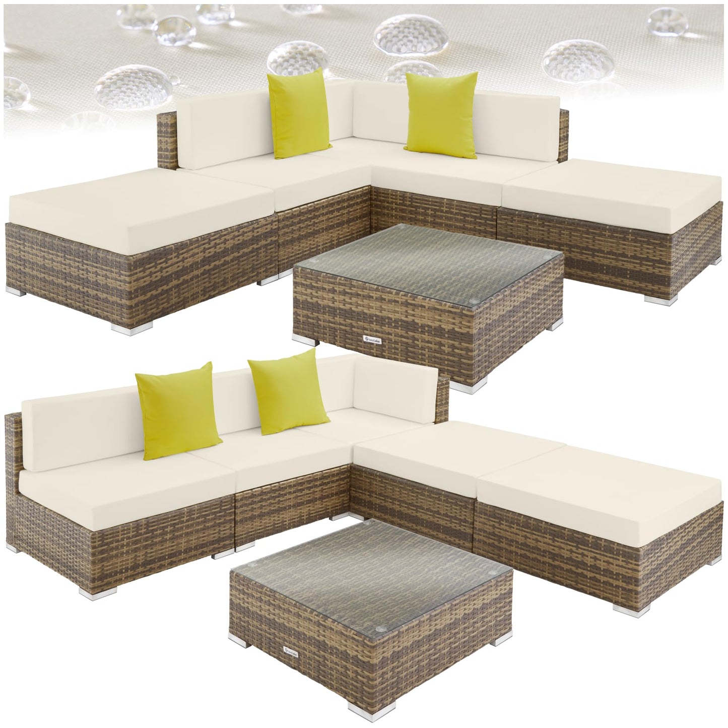 tectake® Aluminium Poly Rattan Lounge, modulares Gartenmöbel Set, großer Outdoor Couch Tisch mit Glasplatte, Sofa Set wetterfest für Garten, Balkon und Terrasse, extra Dicke Polster - grau