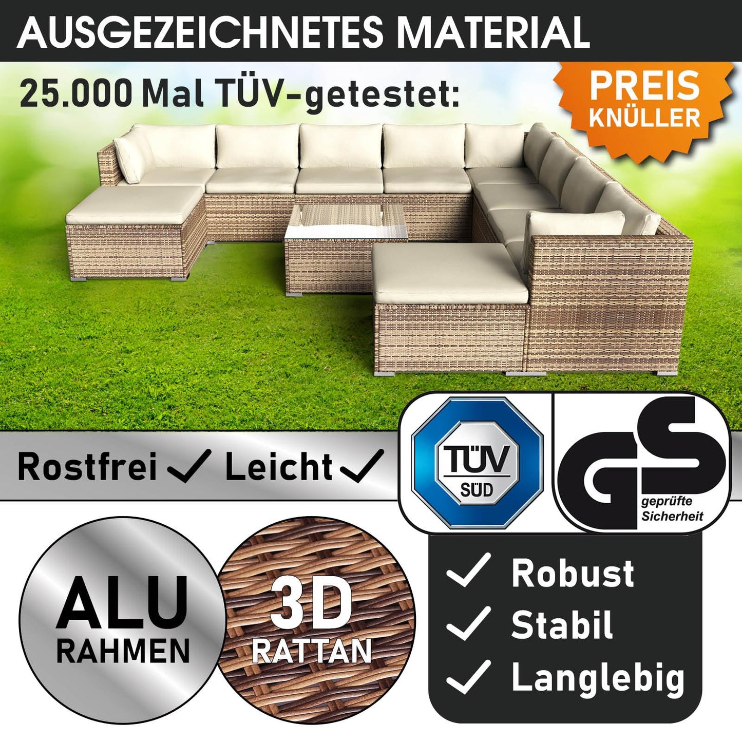 BRAST® Gartenmöbel Lounge Set XXL | 8-12 Personen viele Modelle & Farben | inkl. extra Dicke Kissen | TÜV geprüft | Outdoor Loungemöbel Sitzgruppe Essgruppe Garnitur | Dreams Grau