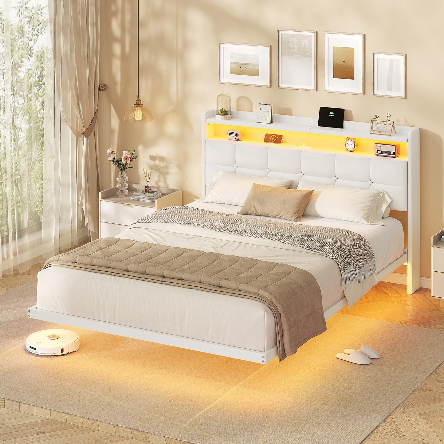 AOGLLATI Upholstered Bed 140 x 200 cm, Double Bed Frame, Bed Frame with LED Lighting and Charging Station, Bed Frame with Headboard, Bed Floating Bed Frame, Metal Bed, Linen, Dark Grey (without