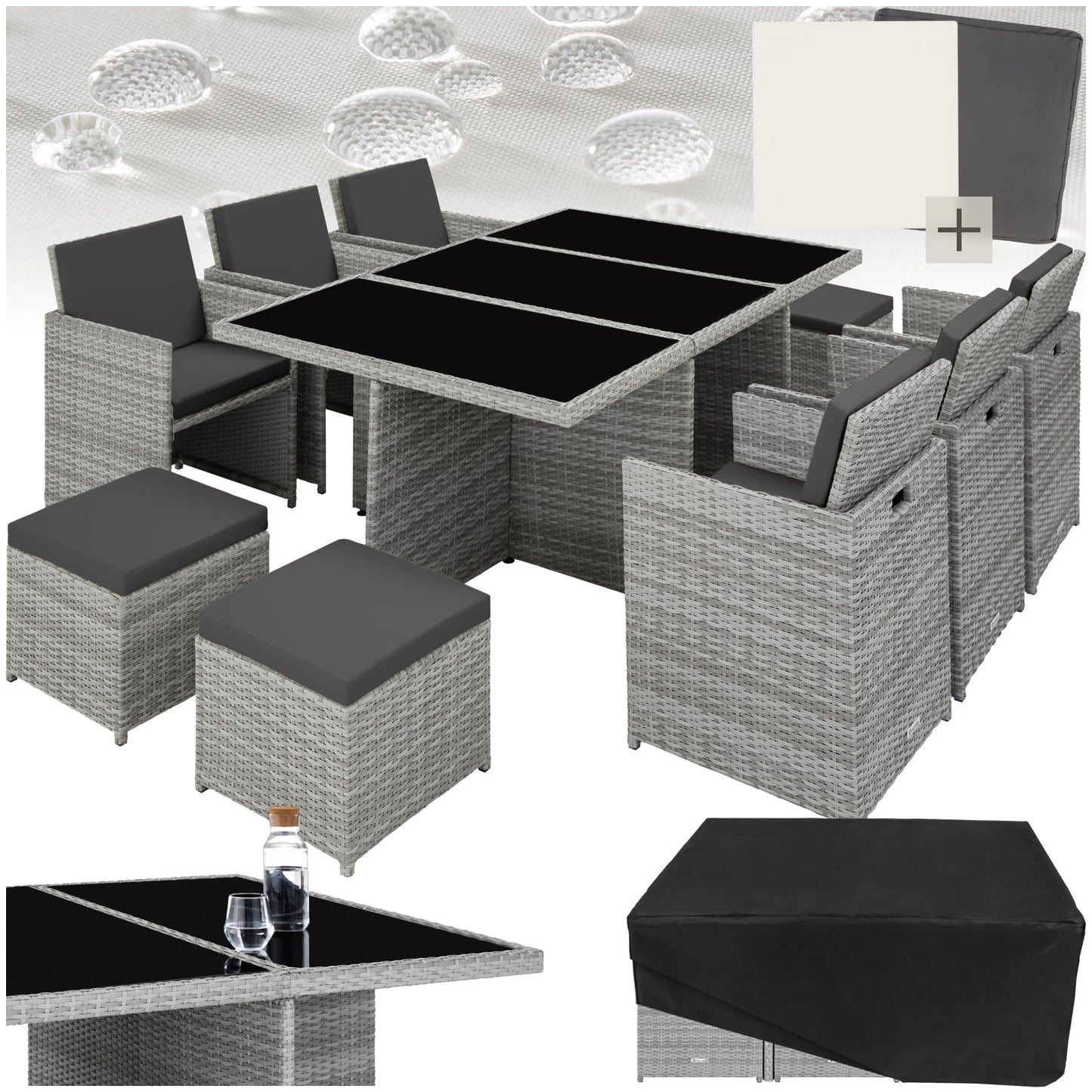 tectake Polyrattan Gartenmöbel Set, Sitzgruppe mit 6 Stühle +1 Glasplatte Tisch + 4 Hocker, Gartenlounge Set klappbar, für bis zu 10 Personen, Balkon Möbel, inkl. 2 Bezugsset - Natur