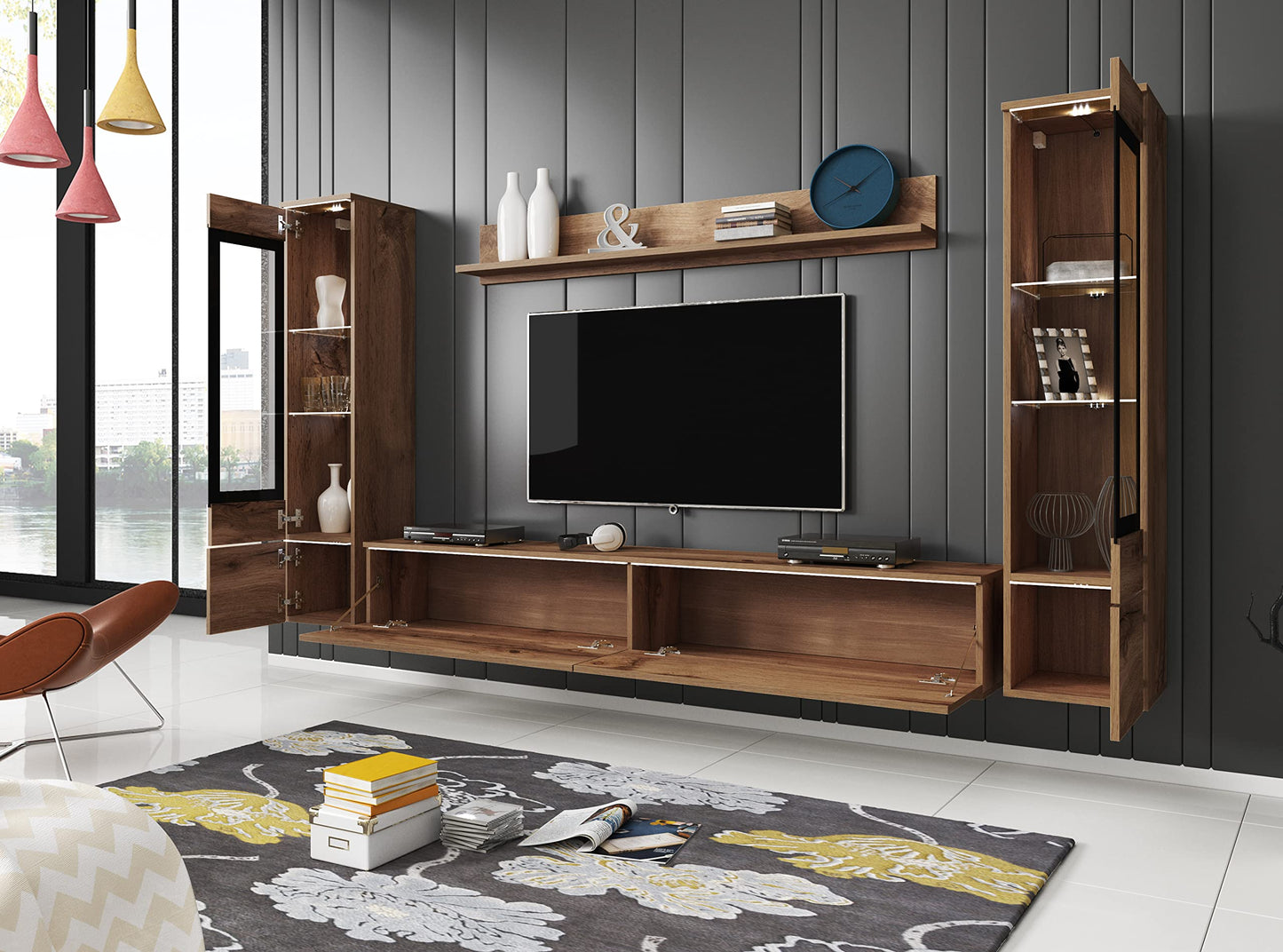 MINIO go for it Veve 2, 4-Piece Wall Unit Set, Hanging or Standing, 2 x Tall Cabinet Display Cabinets, Lowboard, Wall Board, Laminated Clamping Plate, Wotan Oak and Black Gloss, without Lighting