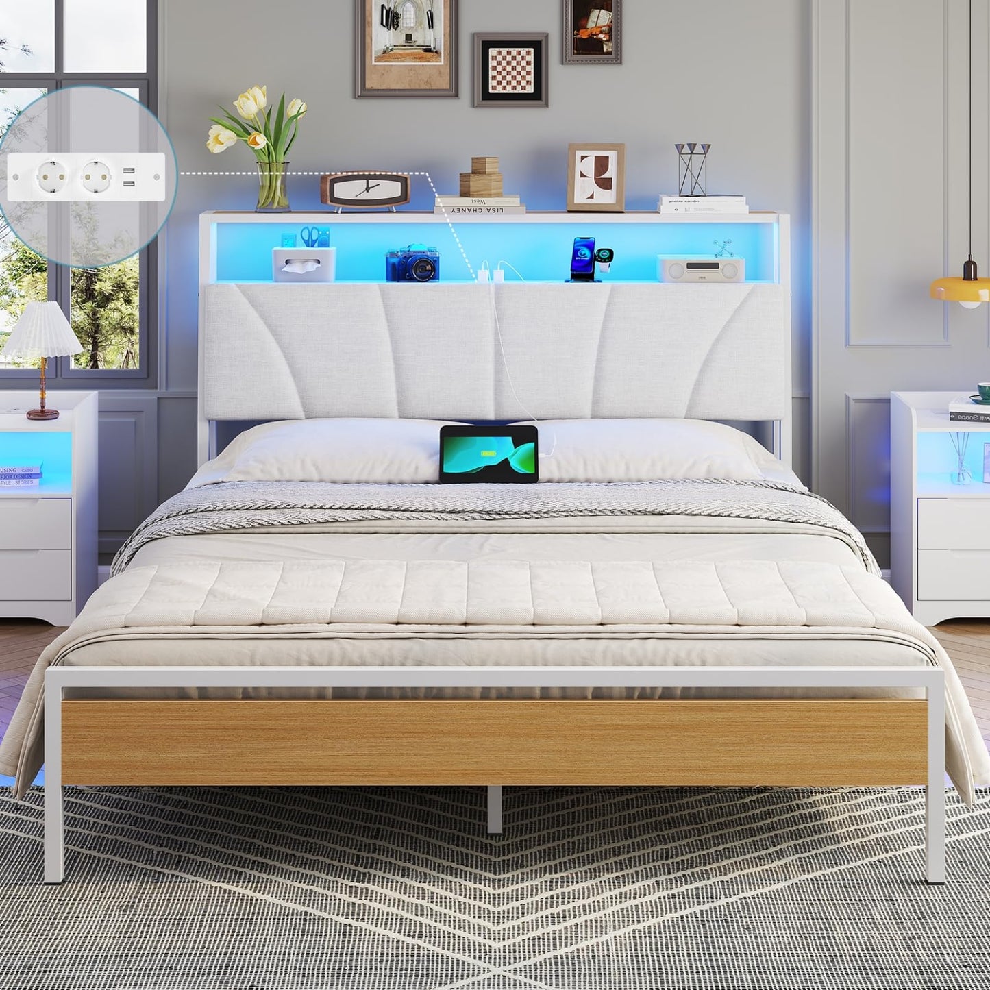 Brinlawb Bed 140 x 200 cm with Metal Slatted Frame, Bed Frame 140 x 200 cm with LED Lighting, Metal Bed 140 x 200 cm with Headboard and Charging Station (2 AC Sockets, 2 USB Ports), Youth Bed, Double
