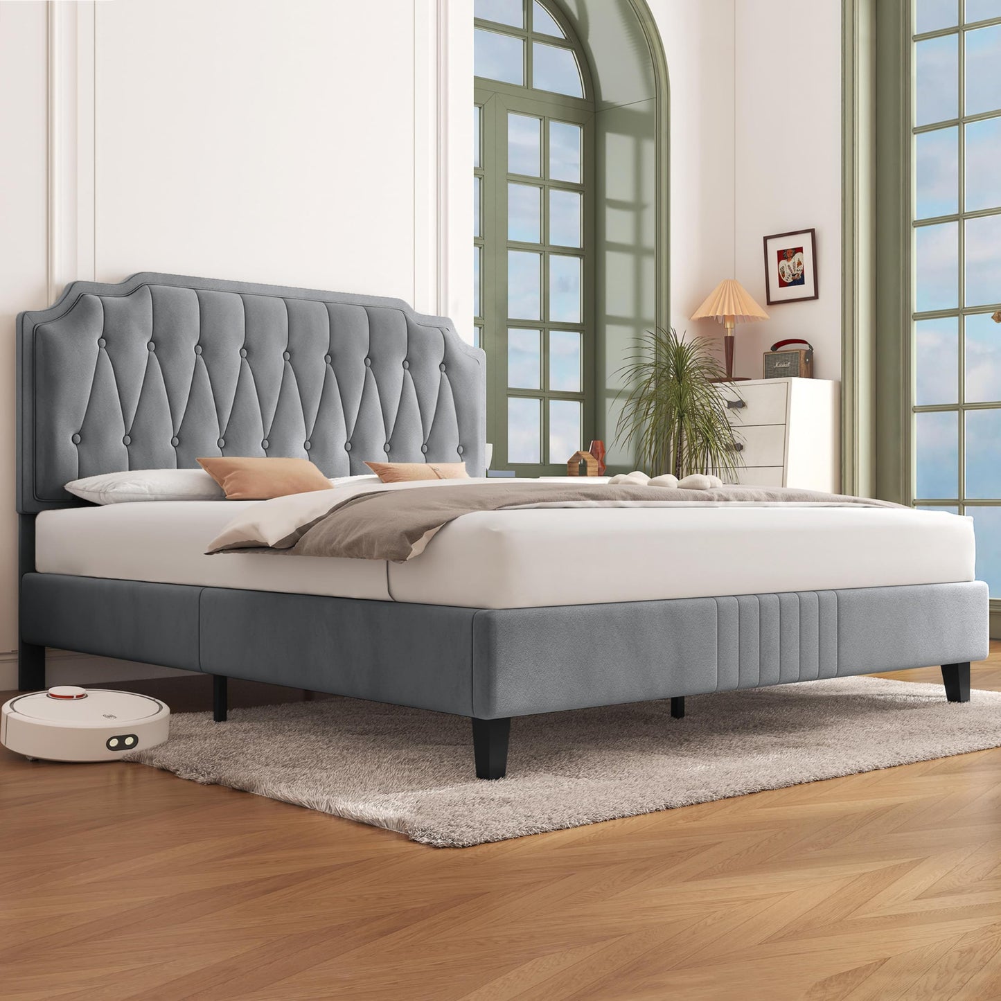 Yaheetech Upholstered Double Bed 140 x 200 cm Fabric Bed Youth Bed Padded Bed with Height-Adjustable Headboard Bed Frame with Slatted Frame, Dark Grey
