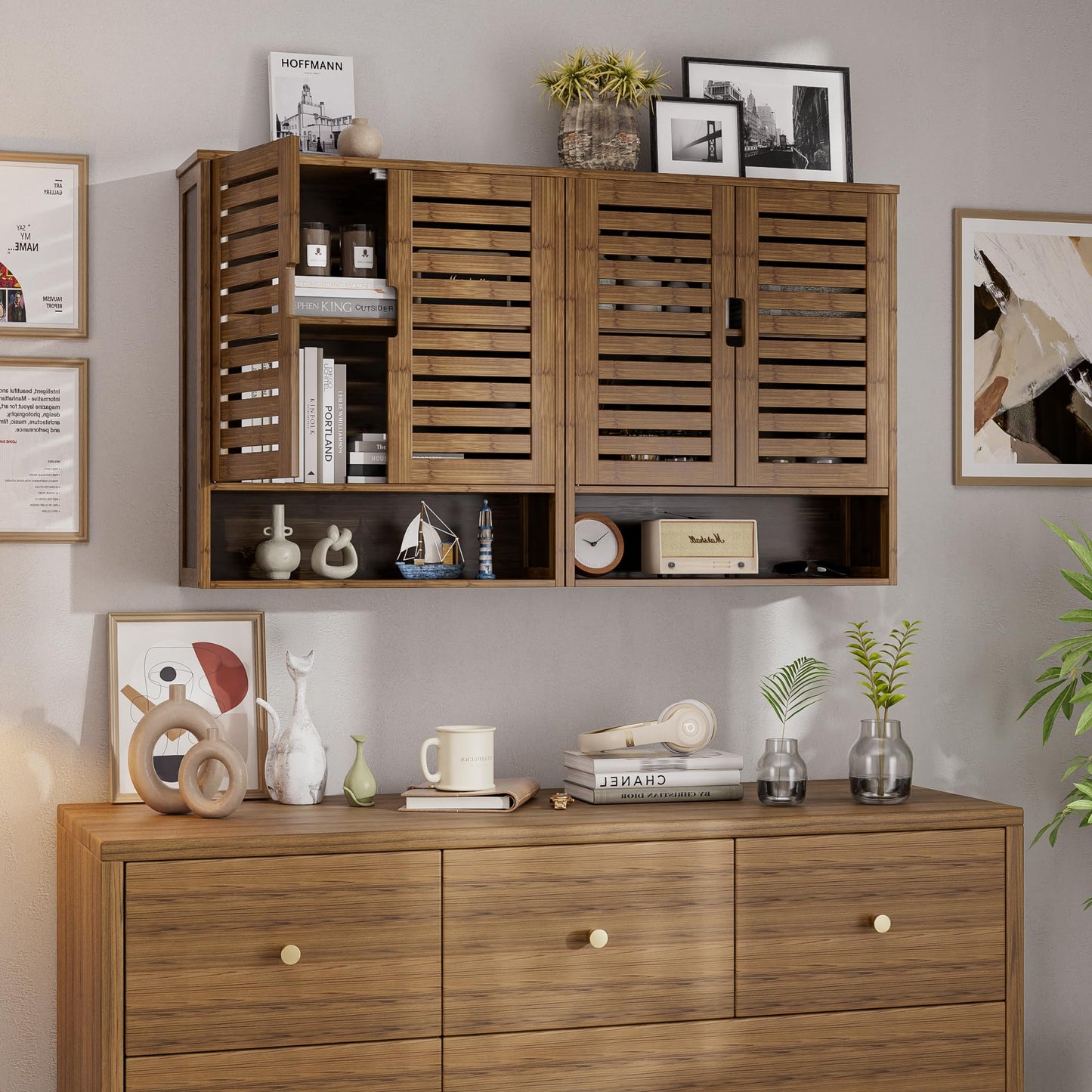 SMIBUY Bathroom Cabinet, Wall Mounted, Bamboo Over the Toilet Storage Organiser, Space Saving Medicine Cabinet with 2 Doors and Adjustable Shelves (Black)