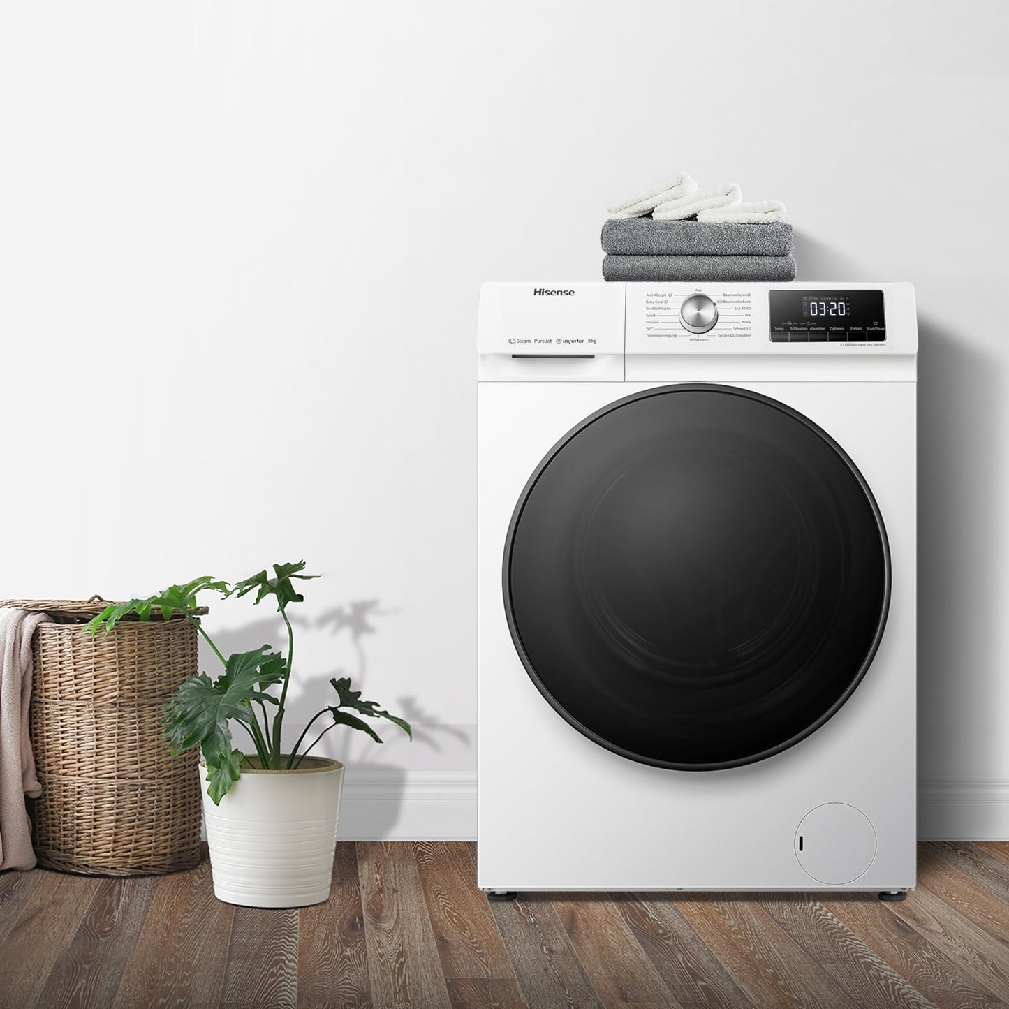 Hisense WF3S8043BB3 Waschmachine mit Dampffunkunktion, 8 kg, 1400 U,min, WIFI, ConnectLife, Power JetWash, Anti-Allergie Programm, Aqua Stop, Auto Wash, Quick Wash, EEK A-30 Prozent