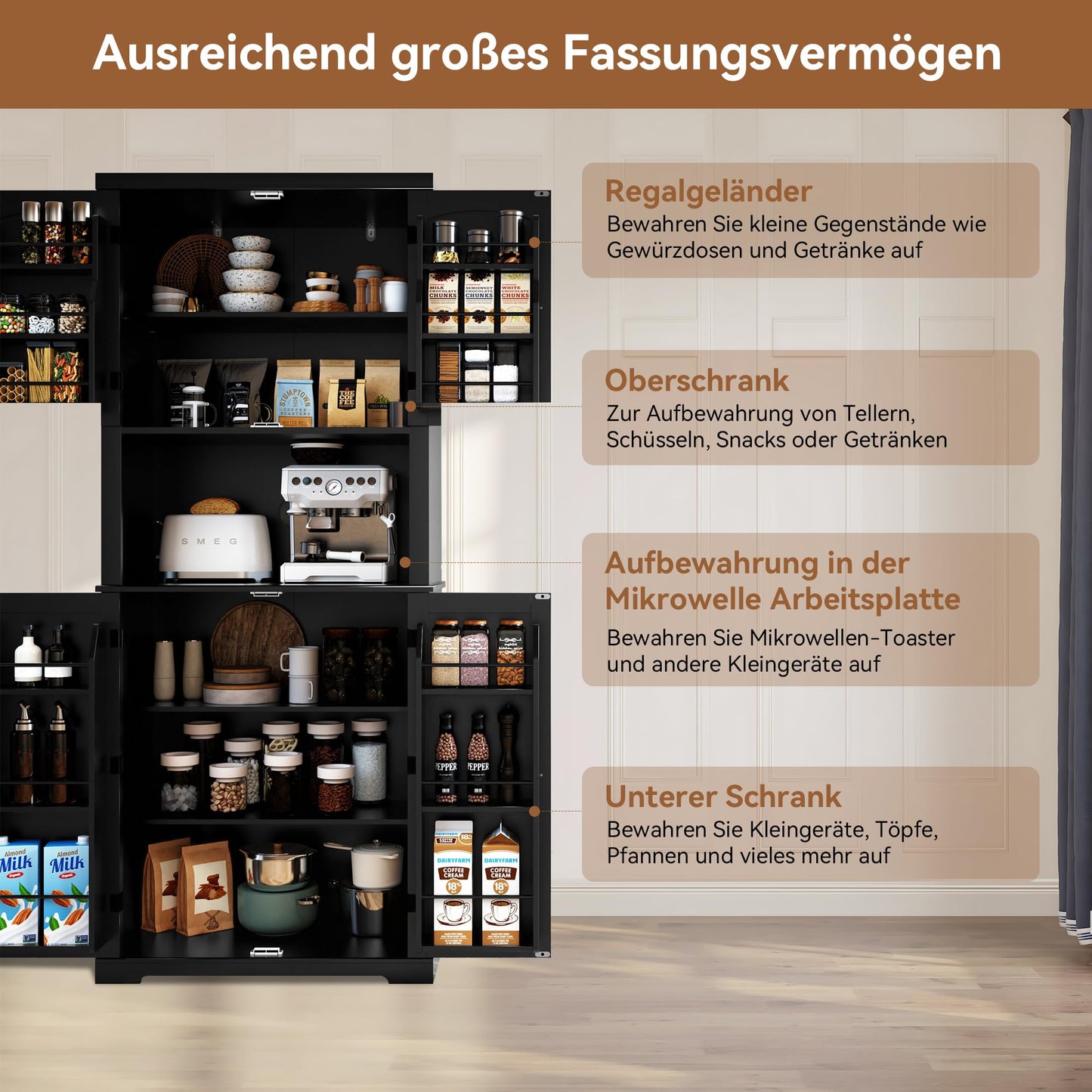 HOLTICO Küchenschrank mit Arbeitsplatte, Hochschrank Küchenbuffet Buffetschrank, Esszimmerschrank, Speisekammer mit Türen und Regalen für Esszimmer, Wohnzimmer, Waschküche,Schwarz