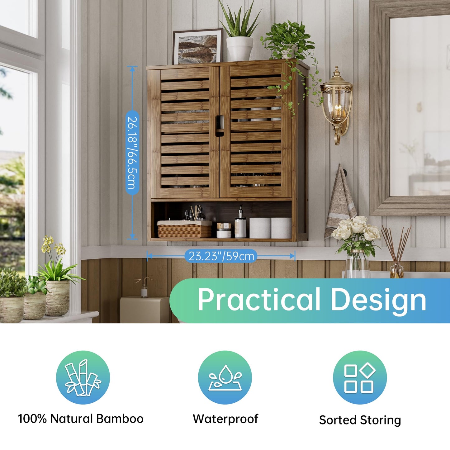 SMIBUY Bathroom Cabinet, Wall Mounted, Bamboo Over the Toilet Storage Organiser, Space Saving Medicine Cabinet with 2 Doors and Adjustable Shelves (Black)