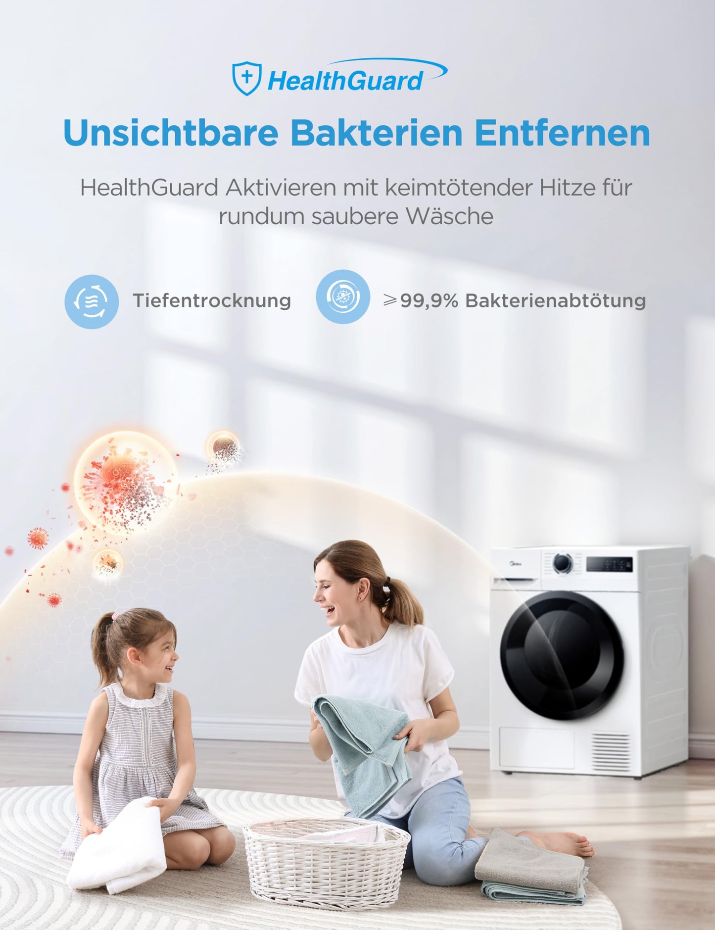 Midea MD11EH70BD Heat Pump Dryer, 7 kg, Energy Class D, Quick Dry 35', HealthGuard, Sensor Drying, Refresh, Wrinkle Resistant, Refresh Wool, White