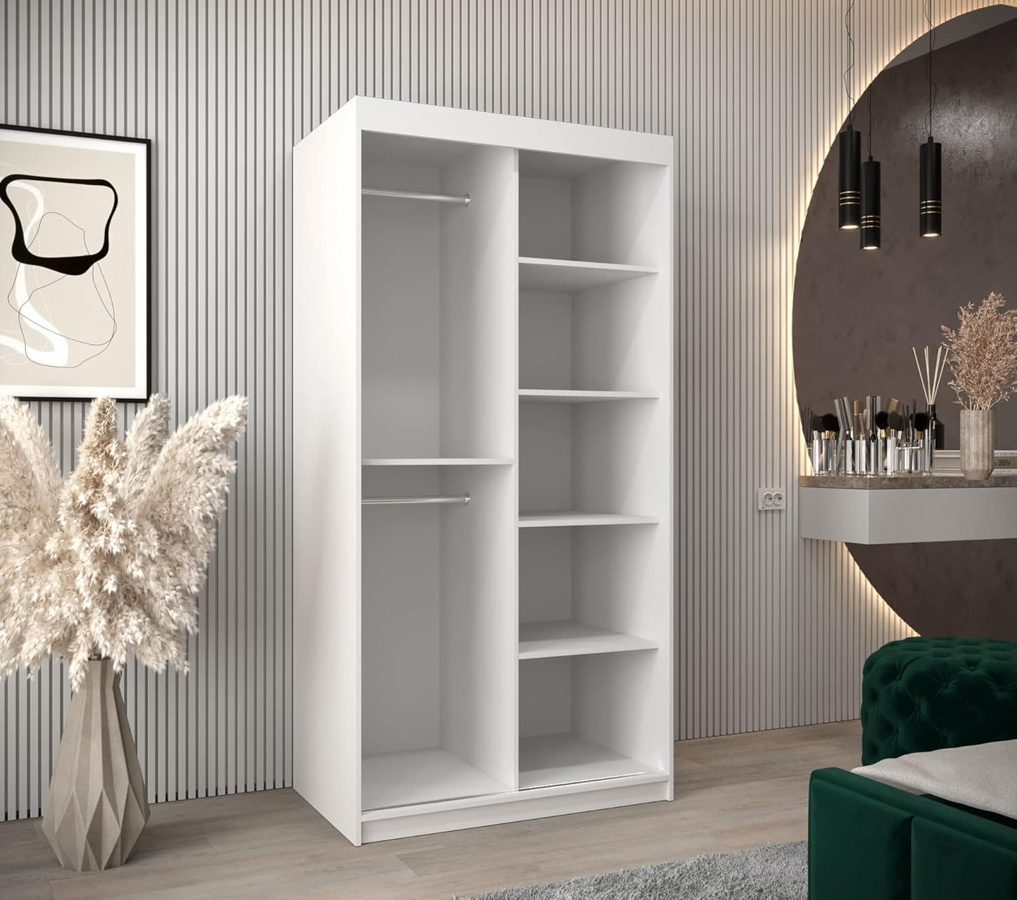 Kryspol Schwebetürenschrank York 250 cm Kleiderschrank mit Kleiderstange und Einlegeboden Schlafzimmer- Wohnzimmerschrank Schiebetüren Modern Design (Weiß)