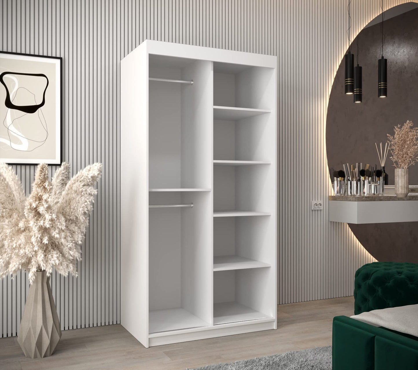 MEBLE KRYSPOL Dome 2 Schrank mit DREI Schiebetüren mit Spiegel, Stangen und Regalen - Aufbewahrungsschrank mit Rauchglas für Schlafzimmer, Wohnzimmer - 200x250x62cm - Schwarz, Schwarz, Schwarz