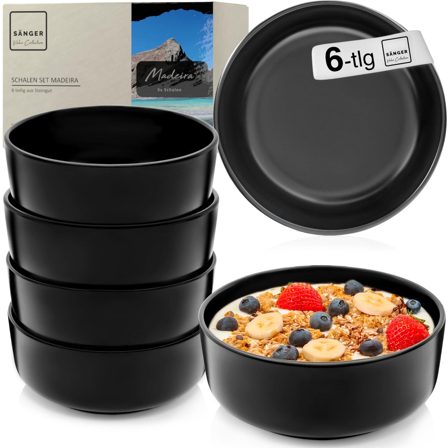 SÄNGER Madeira | Steingut Geschirr Set 18 tlg, Teller Set 6 Personen, Geschirrset 6x Speiseteller 6x Müslischalen 6x Dessertteller, Tafelservice schwarz kratzfest, Essgeschirr matt | VALUE COLLECTION
