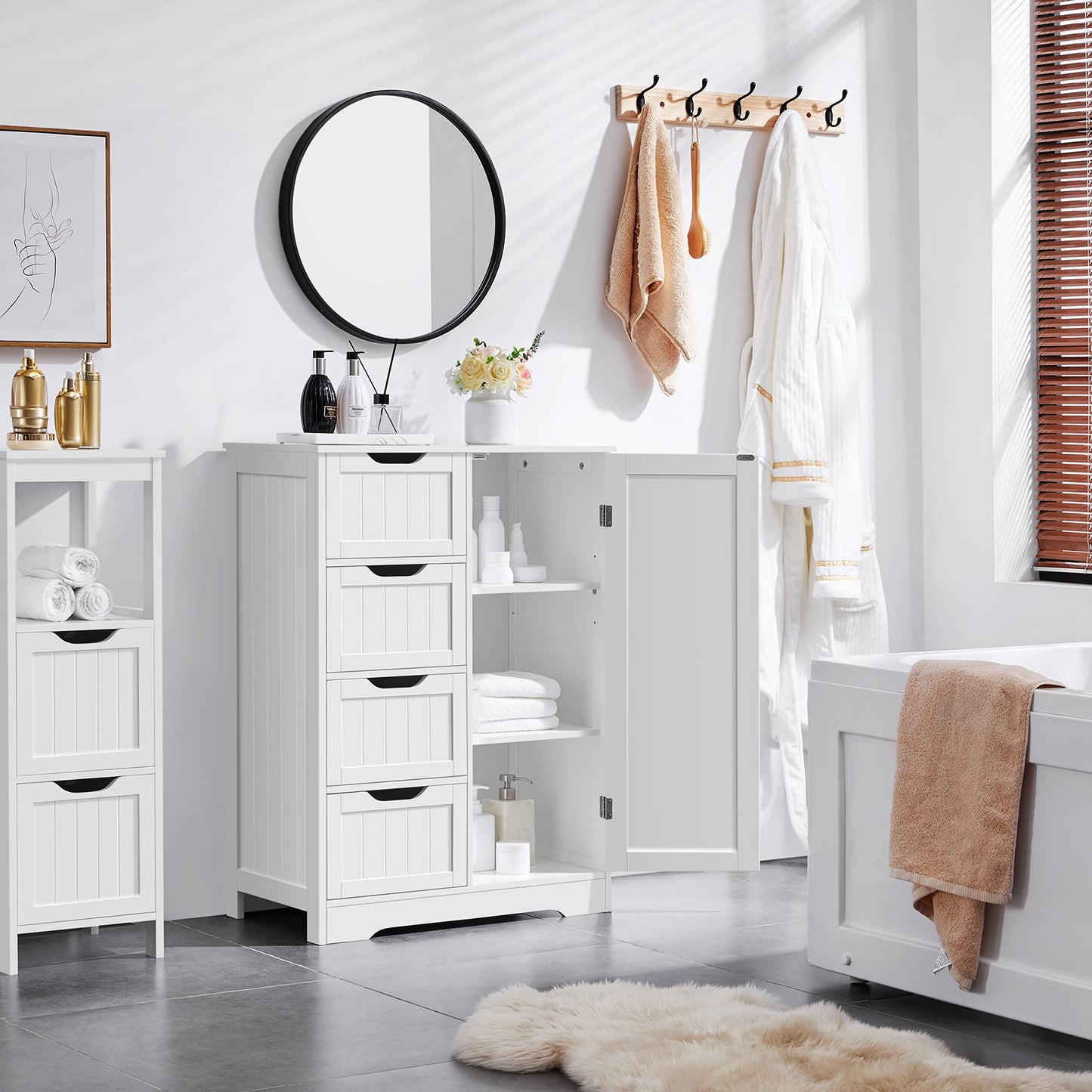 Yaheetech Bathroom Cabinet Floor Cabinet with 4 Drawers and 2 Doors Bathroom Cabinet Floor Cabinet with Height-Adjustable Shelf for Bathroom Living Room Hallway Kitchen White