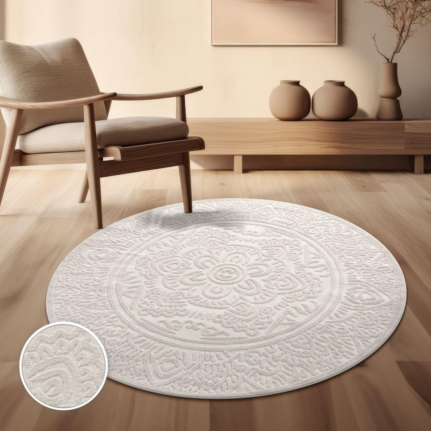 TT Home Indoor and Outdoor Rug Weatherproof Balcony Bedroom Boho Skandi Motif Plain Colours Colour: Cream 3, Size: 60 x 100 cm
