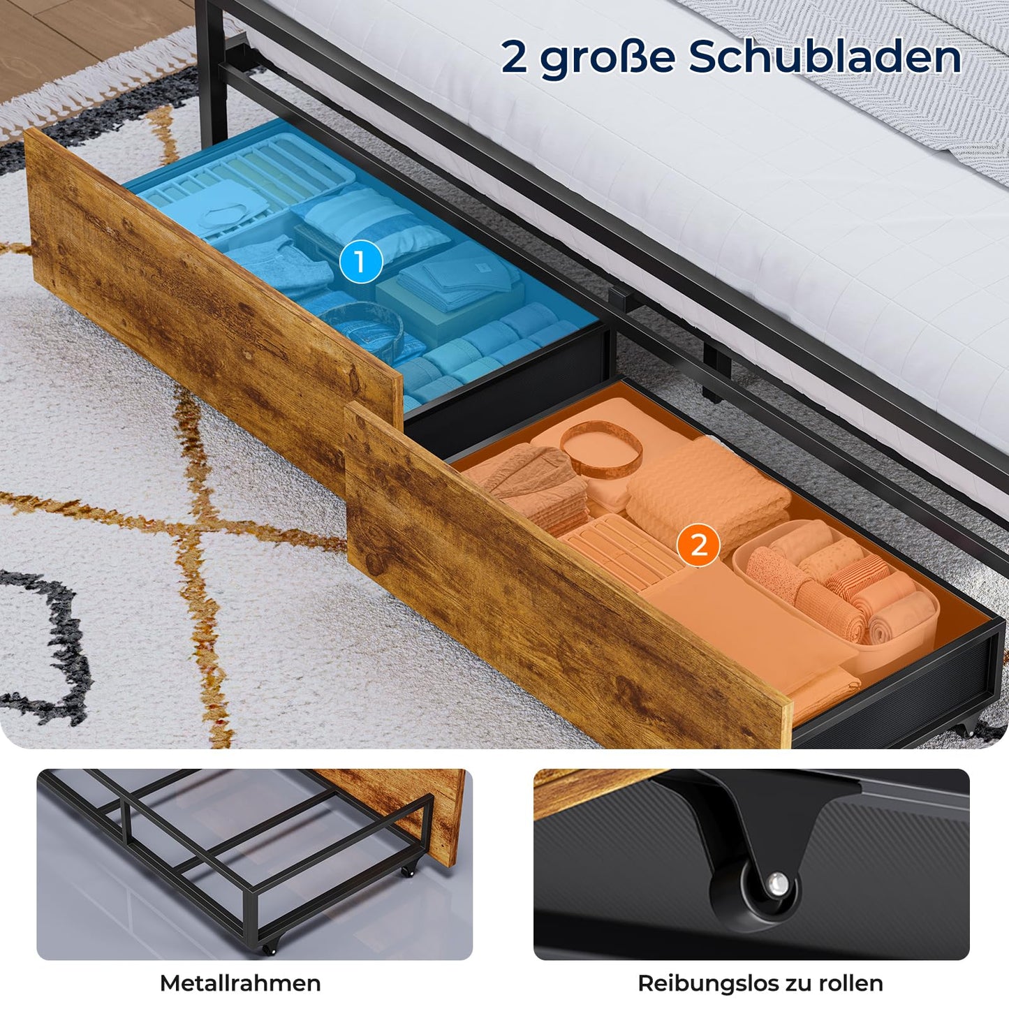 Brinlawb Bed 140 x 200 cm with Metal Slatted Frame, Bed Frame 140 x 200 cm with LED Lighting and Charging Station (2 AC Sockets & 2 USB Ports), Double Bed with 2 Large Drawers, Grey