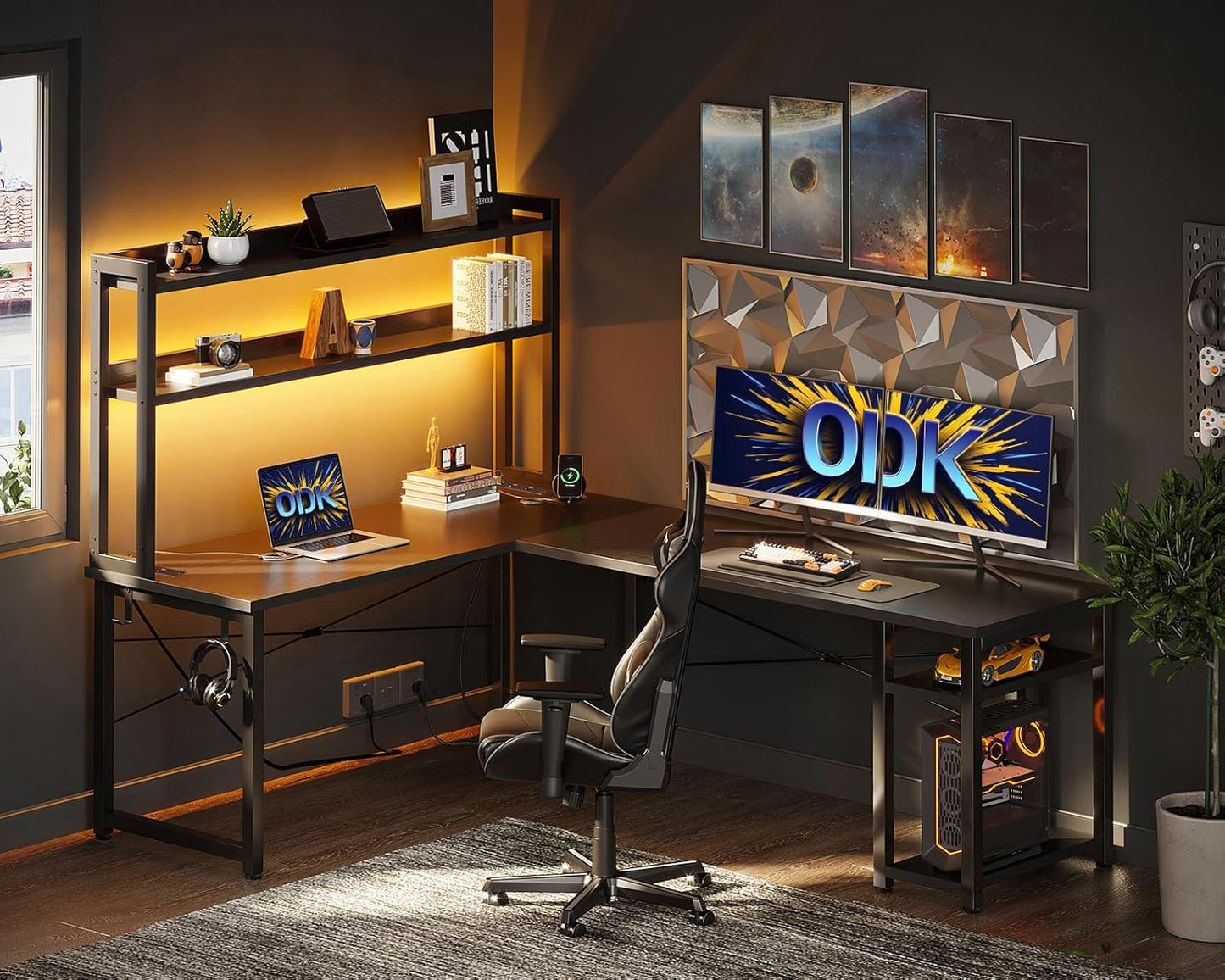 ODK Eckschreibtisch Weiß mit Stall, 150×120 cm Reversibel Gaming Tish L Form mit LED, Computertisch mit USB-Ladeanschluss&Steckdose, Gaming Schreibtisch für das Heimbüro