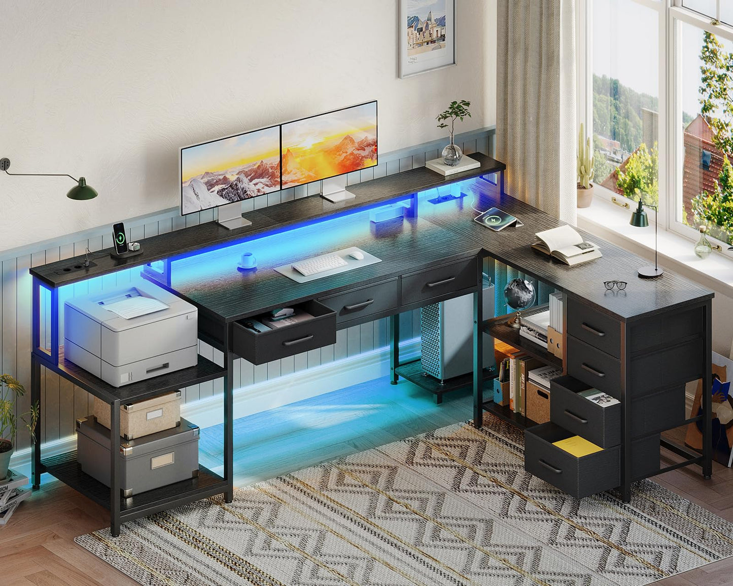 Coleshome Gaming Tisch mit 7 Schubladen & Großzügigem Stauraum, Eckschreibtisch mit RGB LED, Reversibler Schreibtisch L Form mit 2 Steckdosen, Ideal für Büro & Gaming, 179.5×135.5cm, Weiß