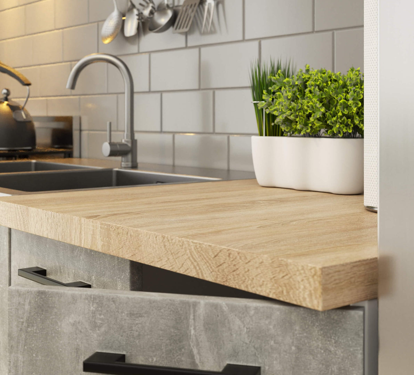 AKORD Küchenmöbel-Set OLIWIA 2.4m Modulares 240 cm 11 Türen 1 Schublade, Küche Komplett, Kitchen Cabinet Set, Küchenschränke, Standschränke, B240xH203xT46 cm, Beton & Beton