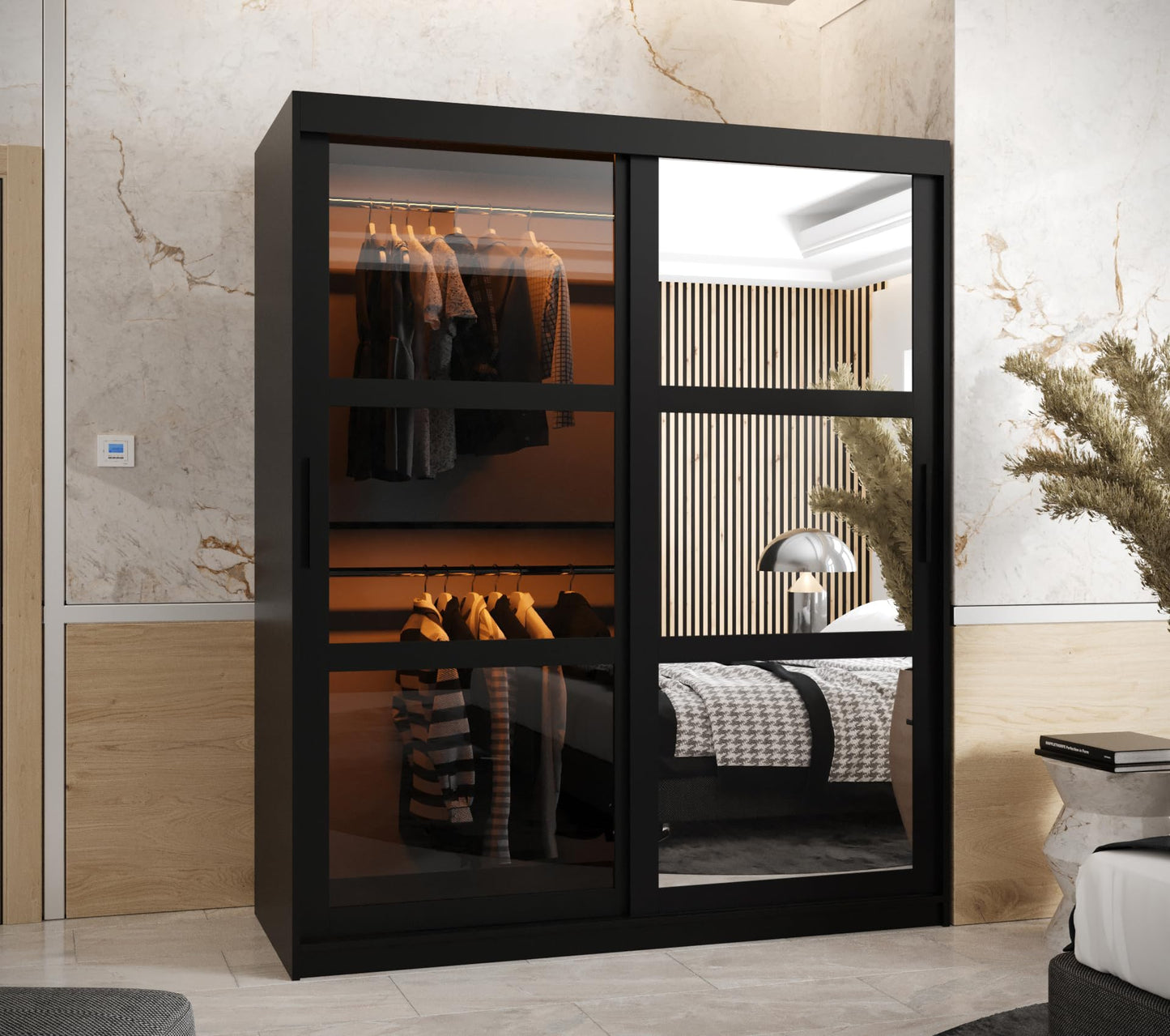 MEBLE KRYSPOL Dome 2 Schrank mit DREI Schiebetüren mit Spiegel, Stangen und Regalen - Aufbewahrungsschrank mit Rauchglas für Schlafzimmer, Wohnzimmer - 200x250x62cm - Schwarz, Schwarz, Schwarz