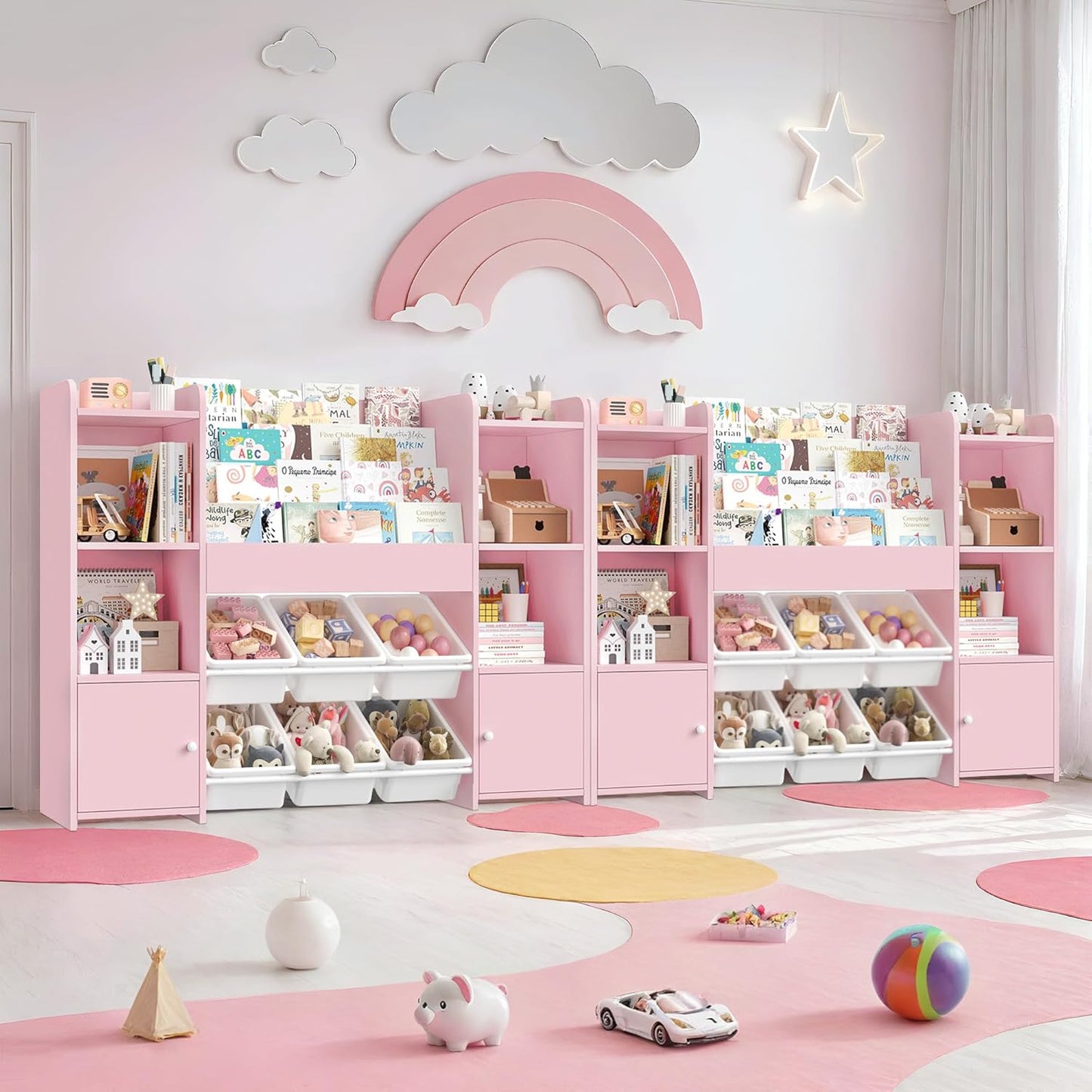 FOREHILL Children's Shelf with Children's Bookcase, Children's Room Furniture Made of Wood, Bookcase for Children with Storage Box, Children's Cabinet with Toy Box, Children's Shelf with 6 Boxes, 119