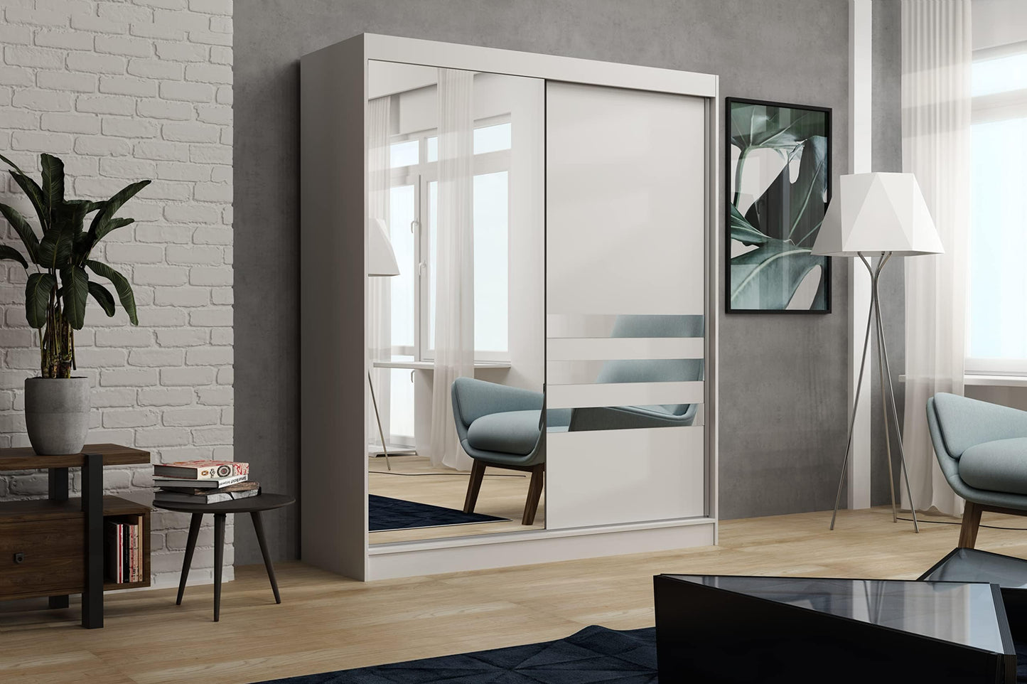 Brent - Kleiderschrank mit Spiegel Henry, 250cm Breit, Schlafzimmerschrank mit 1 Kleiderstange und Einlegeböden für Kleidung, Kleiderschrank Grau