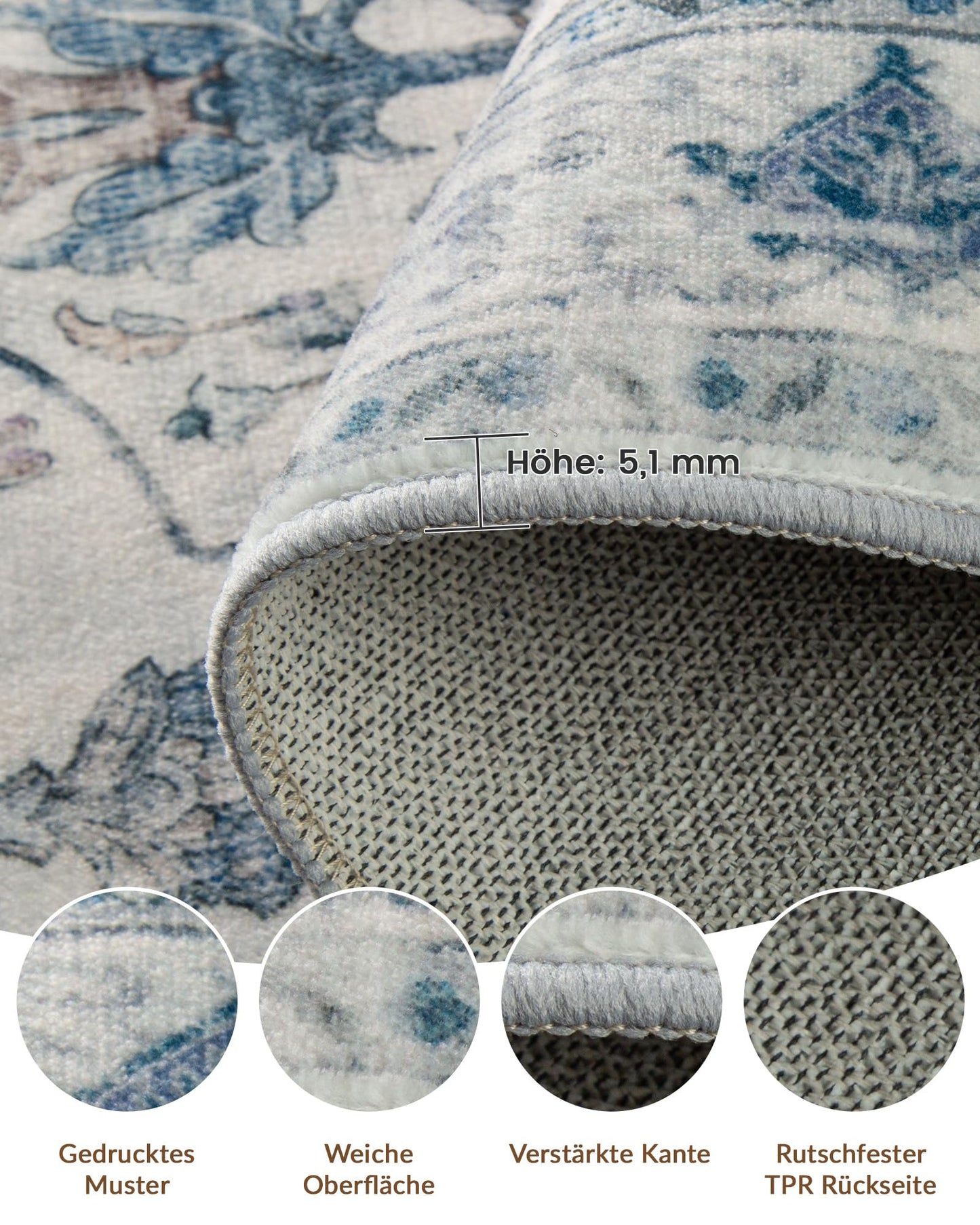 INOVADAY Vintage Waschbarer Teppich Wohnzimmer 90x150 cm Boho Kurzflor rutschfest Teppich Weich Teppiche mit Druckmuster für Schlafzimmer, Esszimmer, Büro Beige/Blau/Orange