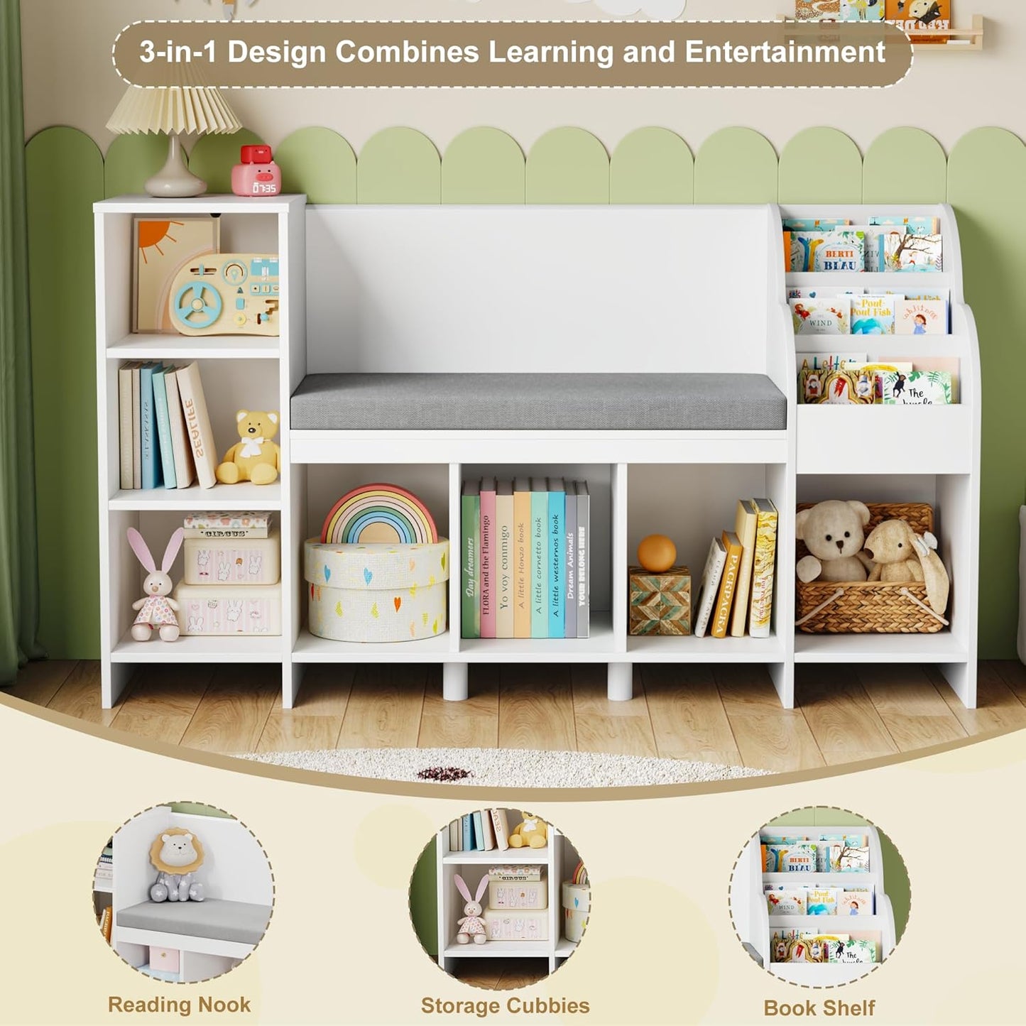 HOCSOK Kinderregal, 138.5 cm Bücherregal Kinder mit Kissen und 7 Ablagefächern, Spielzeugregal Aufbewahrung für Kinderzimmer, Spielzimmer, Kindergärten, Weiß, 80×40×138.5cm