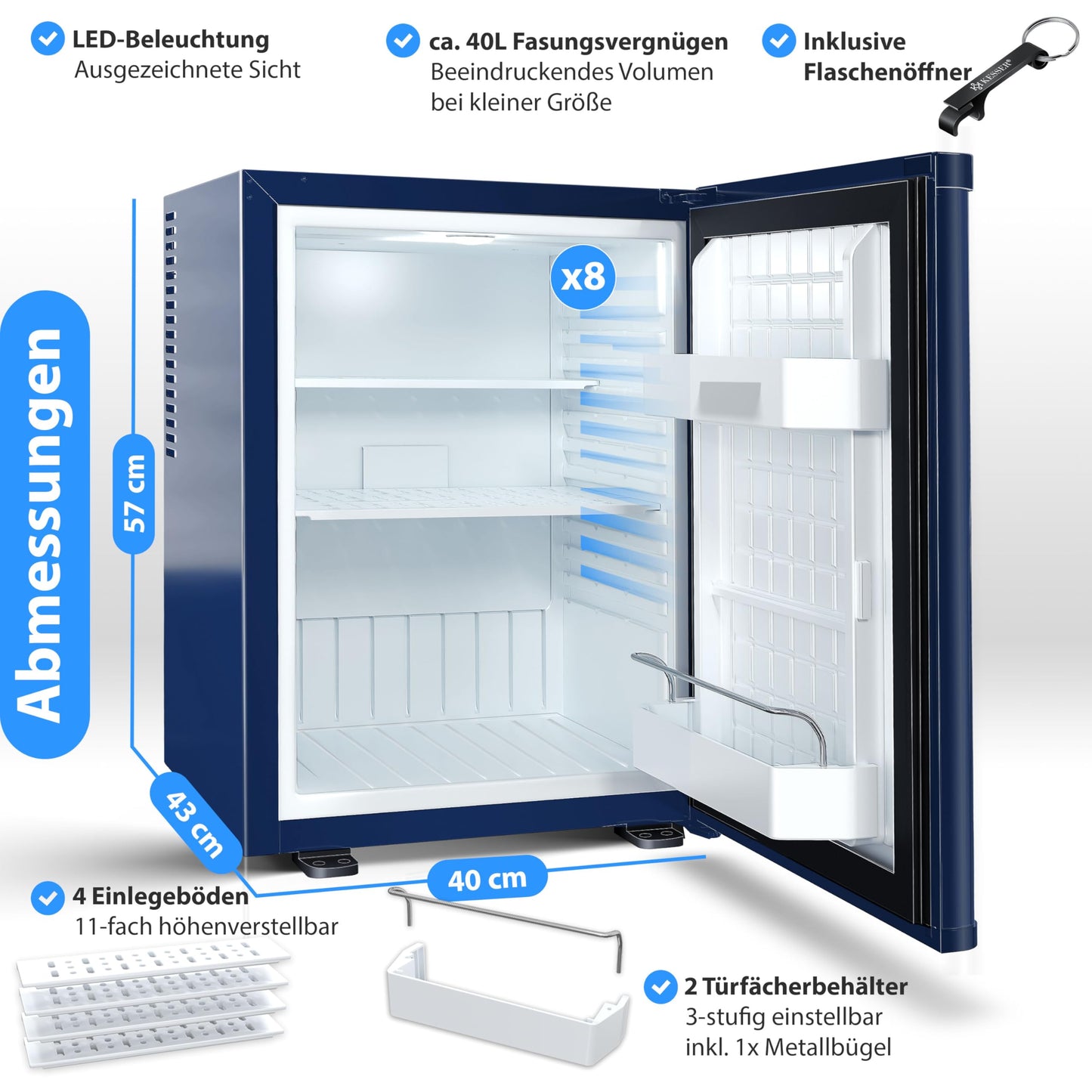 KESSER® Mini Fridge 40 L Lockable Mini Bar Ideal for Camping, Office, Bedroom, Hotel, Kitchen, Small Fridge Completely Silent, Interchangeable Door Hinge, Interior Lighting with Glass Opener