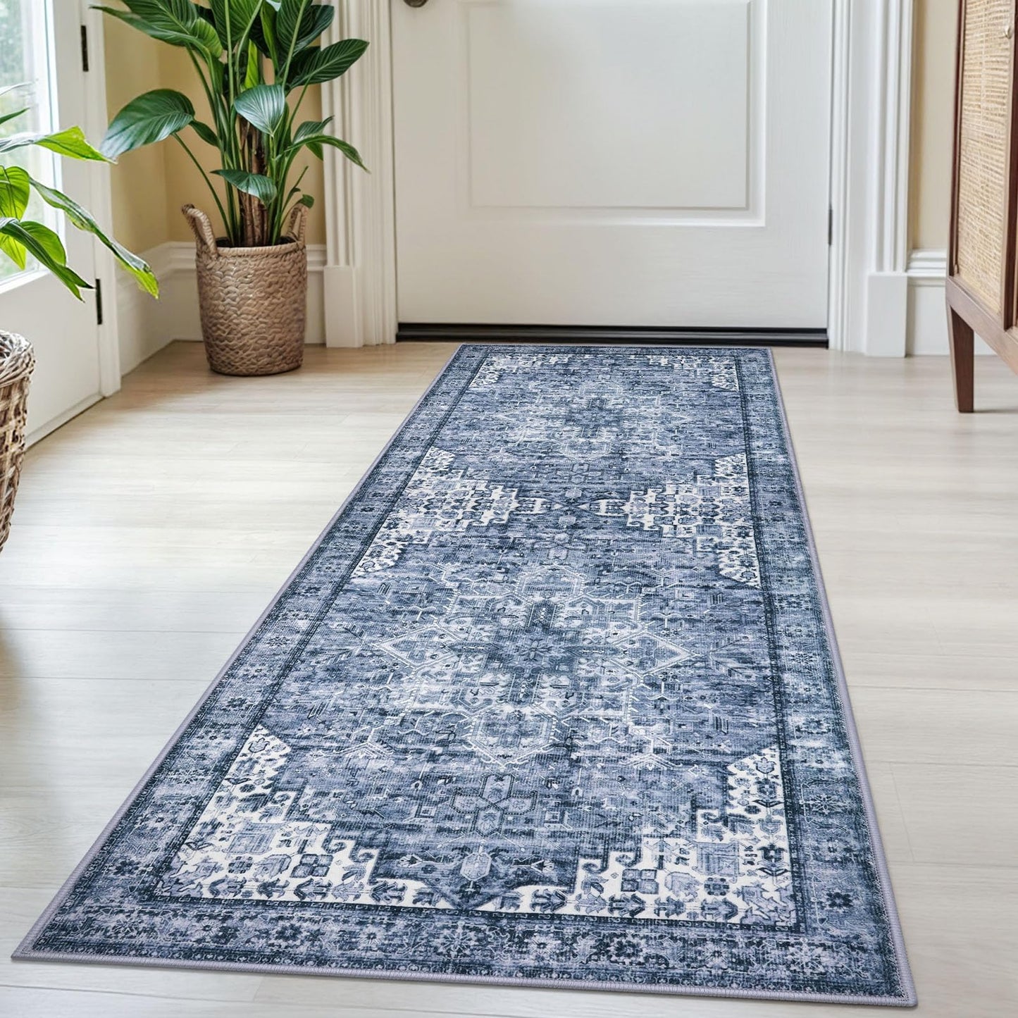 2x3 Blue Washable Rug for Entrance, Soft Traditional Area Rug, Non-Slip Printed Kitchen Rugs, Low-Pile Medallion Indoor Door Mat, Small Farmhouse Carpet for Entryway Kitchen Foyer Bedside