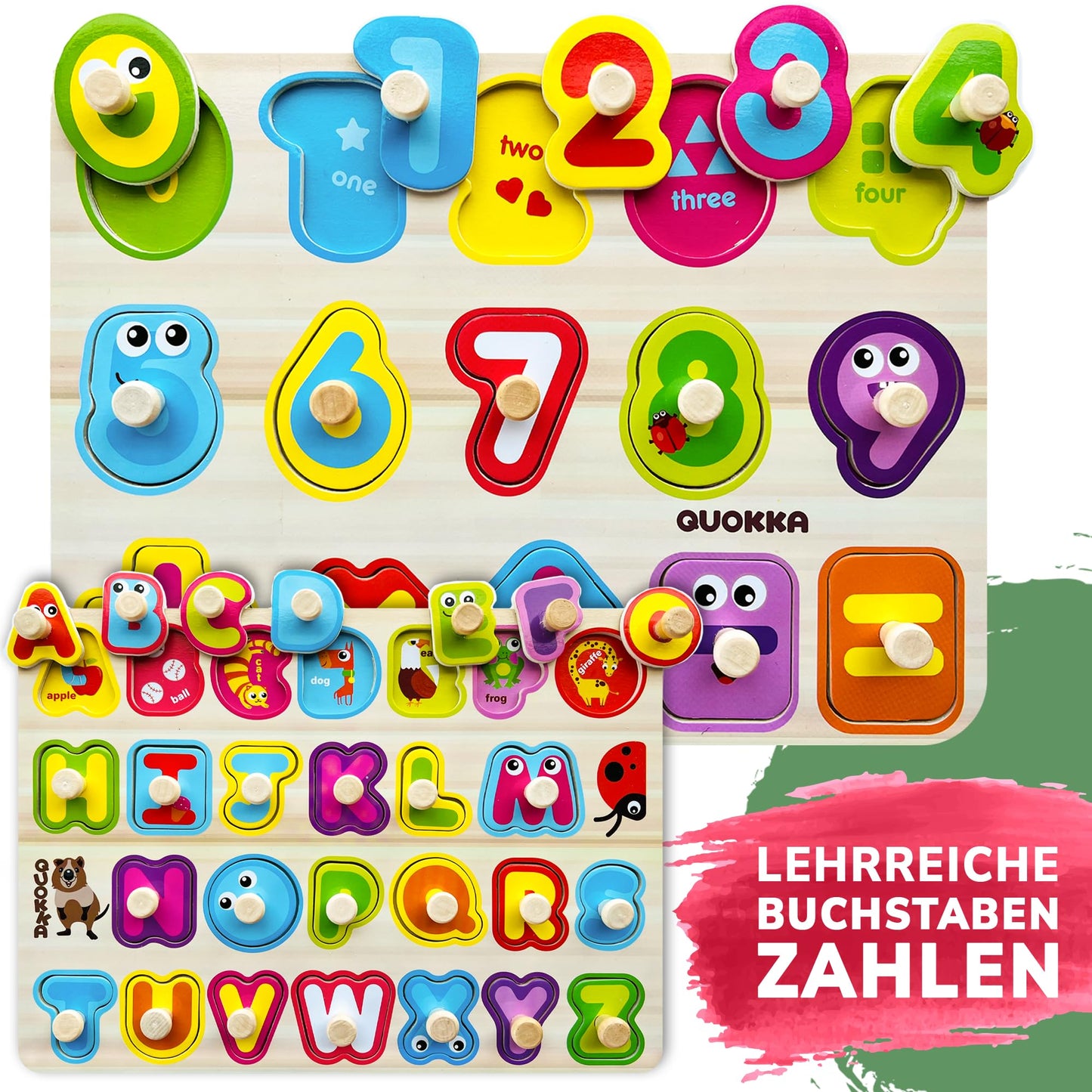 QUOKKA Steckpuzzle Holz ab 1 2 Jahre - 6 Set Spielzeug Puzzle ab 2 3 Jahre - ABC Lernspiele für Kinder - Geschenk für Baby Mädchen and Junge