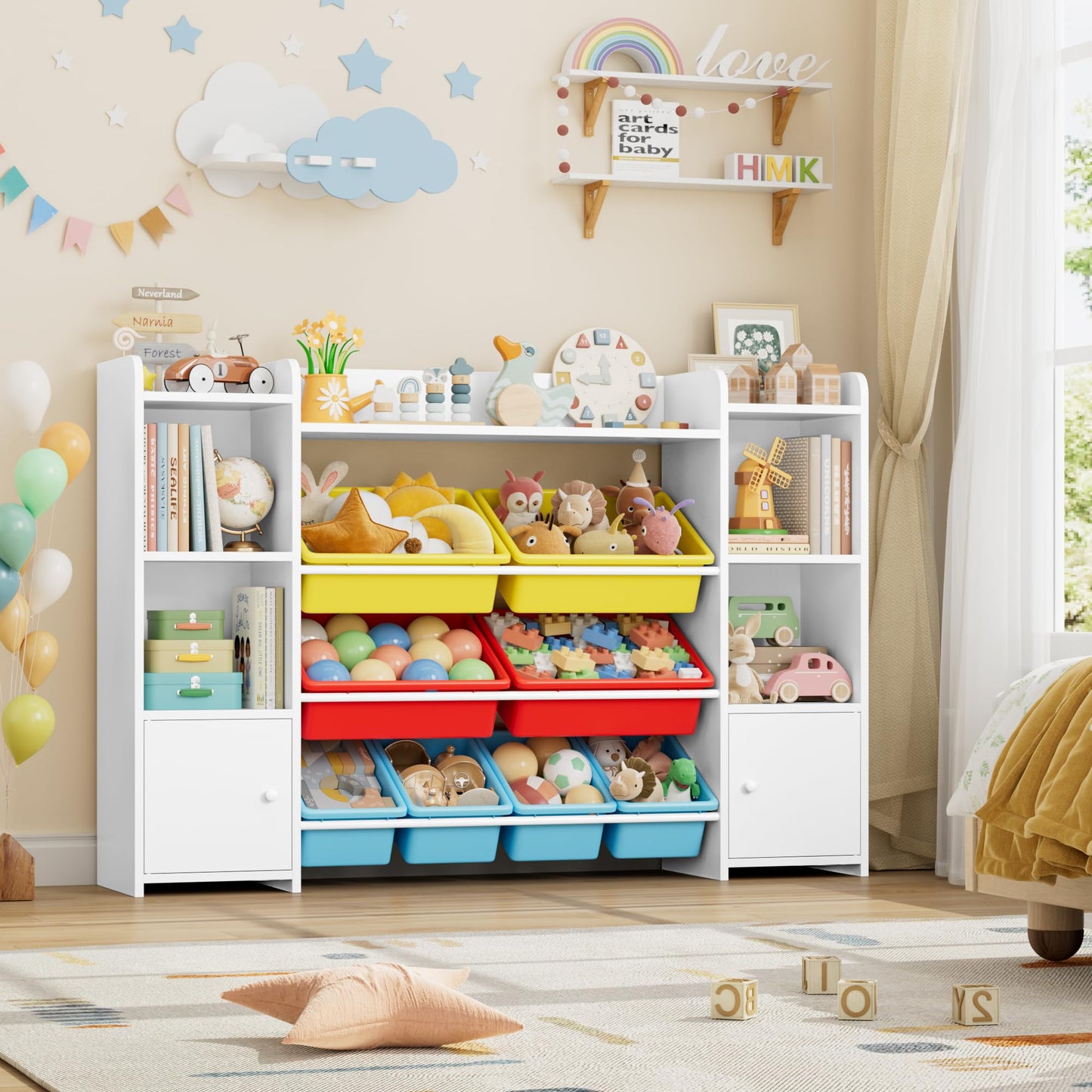 FOREHILL Kinderregal mit 8 Boxen Kinderschrank Holz Bücherregal für Kinder Aufbewahrungsbox Kinderzimmer Möbel mit Spielzeugkiste 138,8 x 94,3 x29,6 cm (rosa)