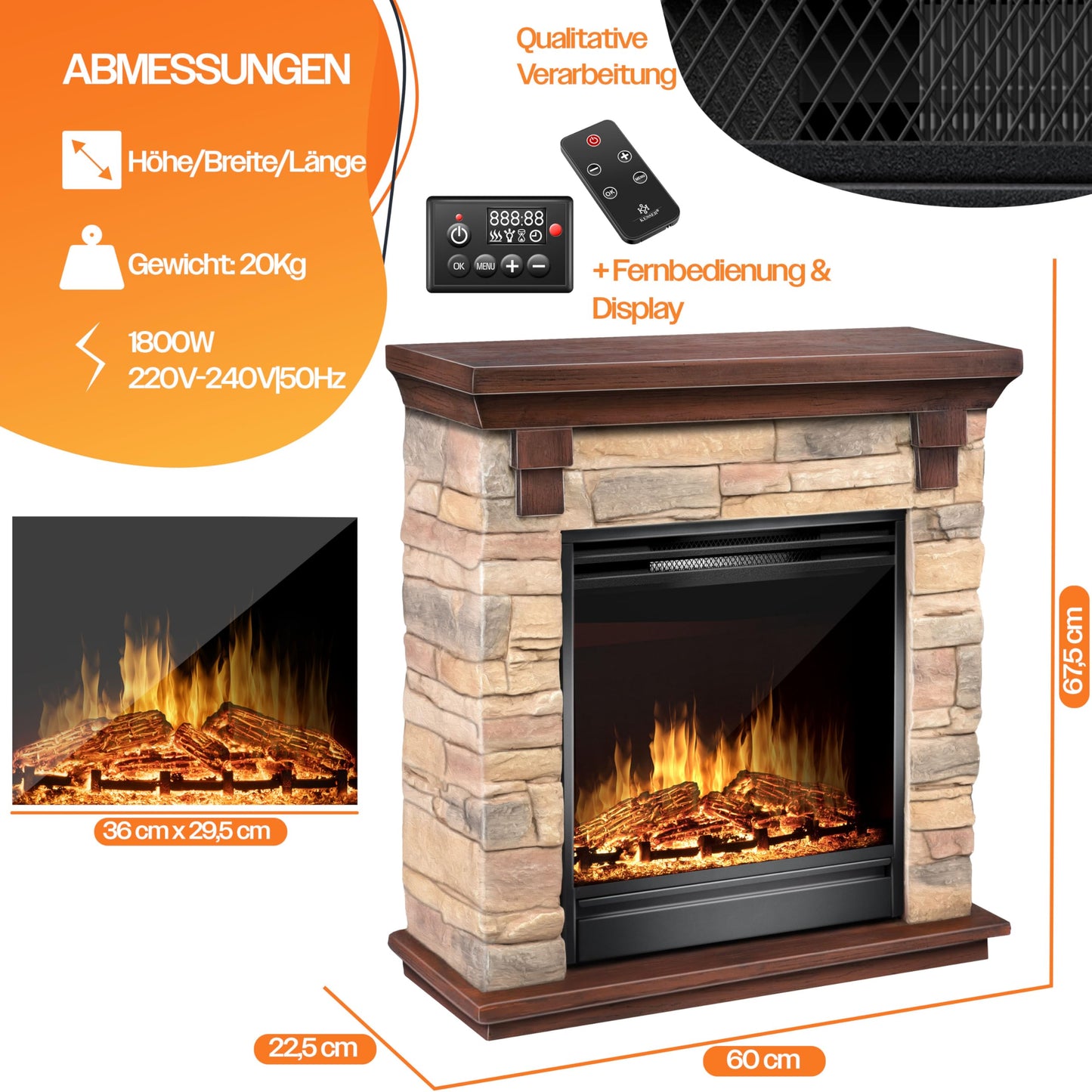 KESSER® Electric Fireplace with LED 3D Flame Effect, Heating Function, 1,800 W Power, Timer, Thermostat, Remote Control, Dimmable, Stone Look/Grey