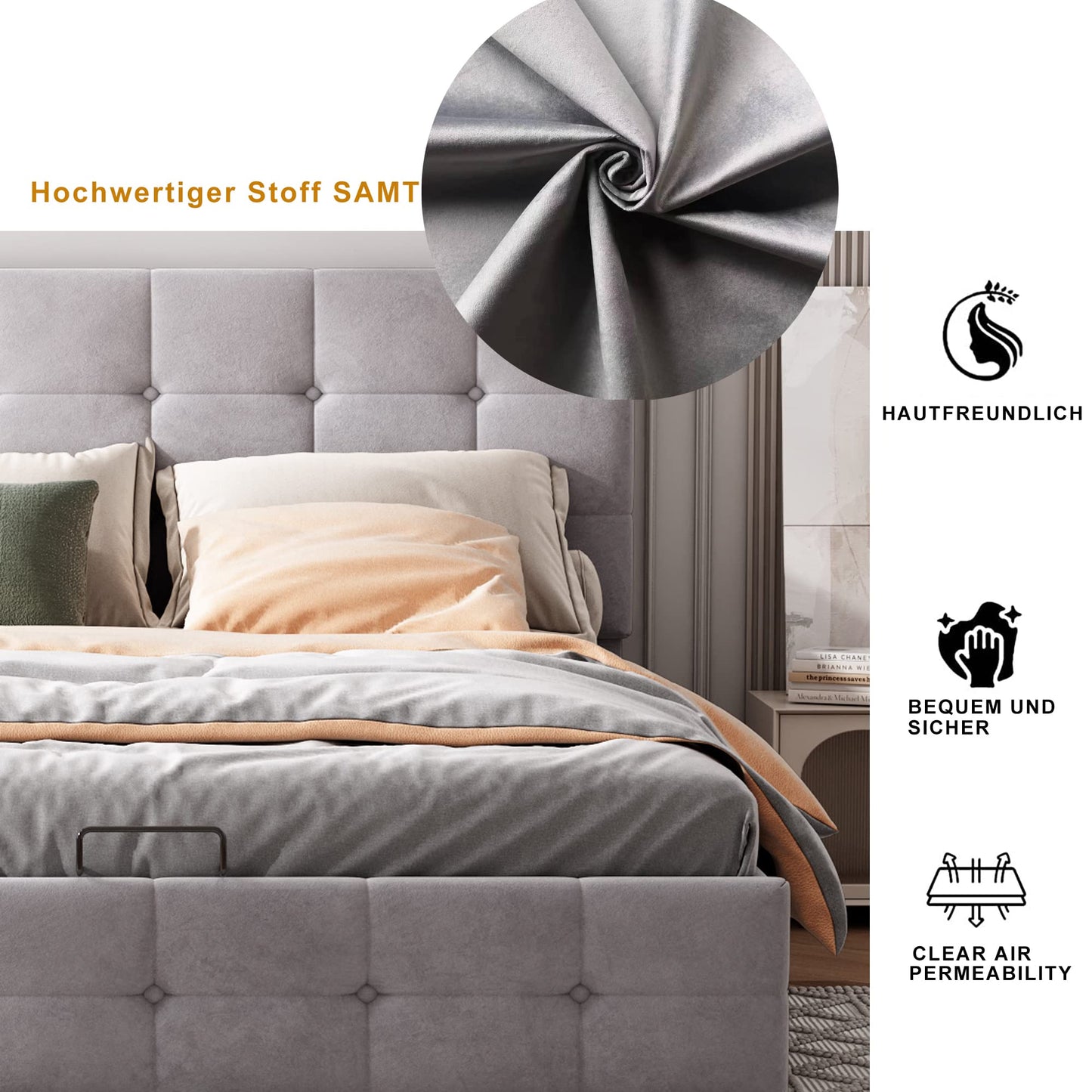 Gegtuon Upholstered Bed 140 x 200 cm, Double Bed with Headboard, Storage Bed Youth Bed with Hydraulic Storage Space Underbed, Functional Bed, Guest Bed, Bed Frame, Slatted Frame, Without Mattress,