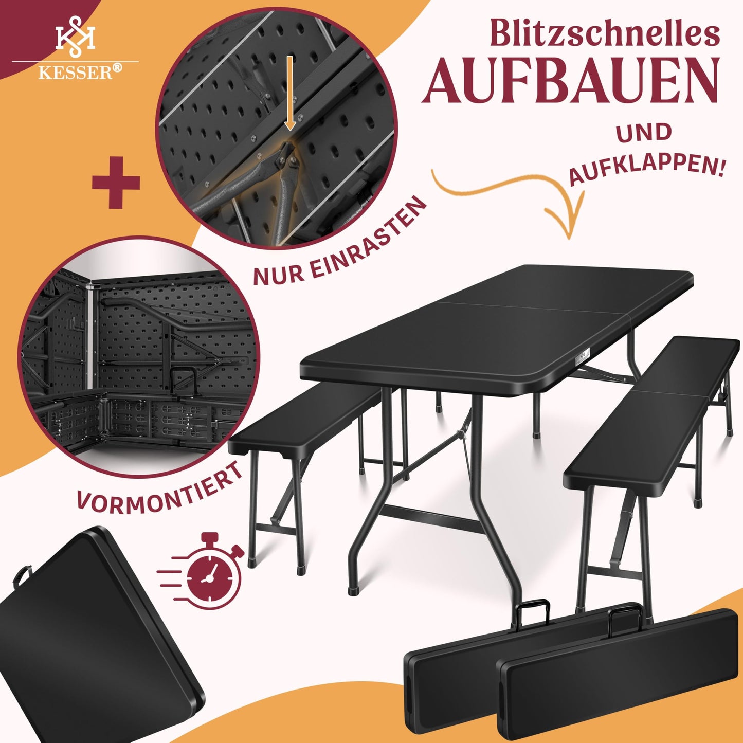 Kesser® Beer Tent Set – 3 Piece Set, Table + 2 x Bench, for Indoor / Outdoor, Folding, Carry Handles, HxWxD: 73 x 180 x 75 cm, Plastic, Rattan-Look Garden Set, Folding Table, Garden Table, Black