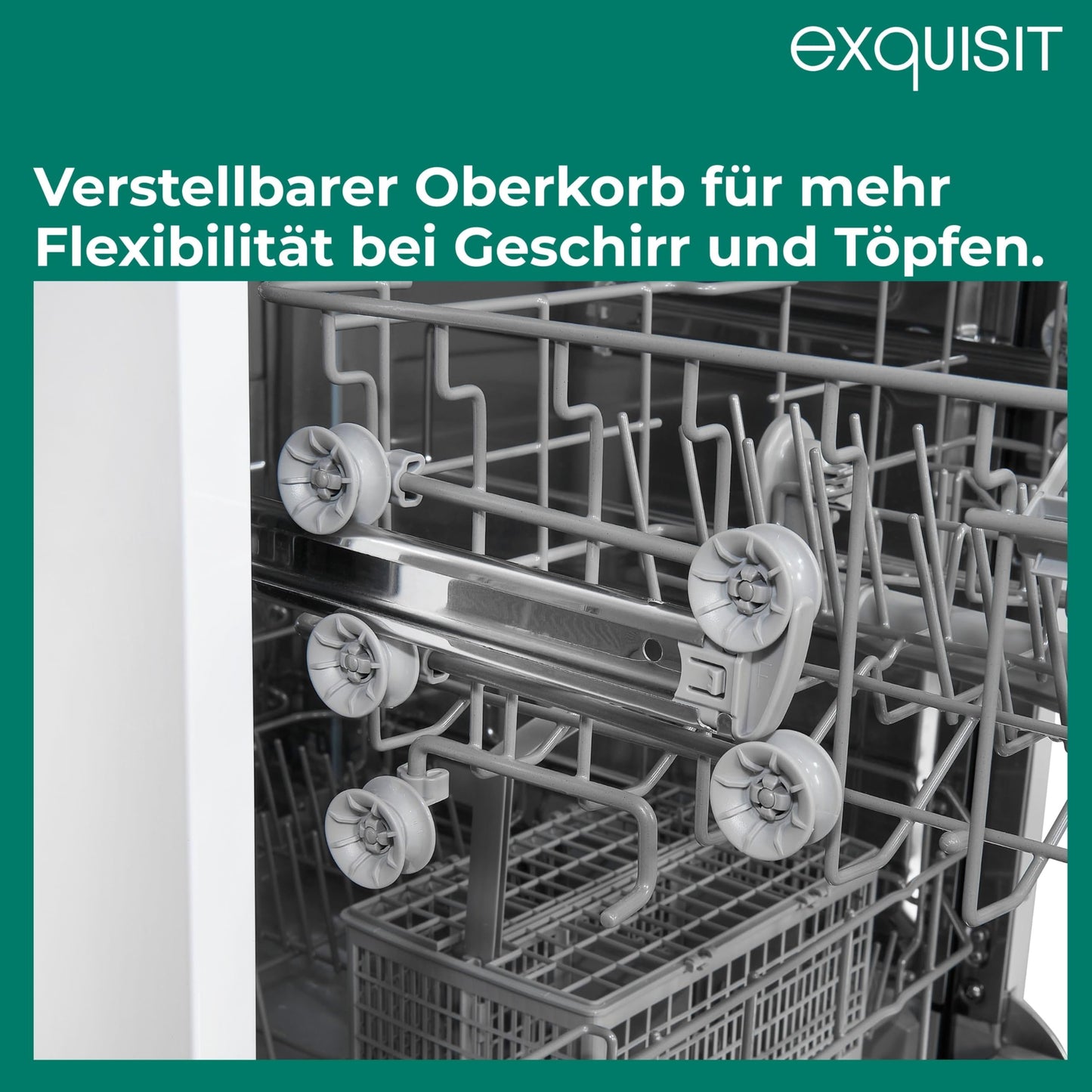 Exquisit PRO GSP56314-030C Dishwasher 60 cm, Undermountable, Energy Efficiency Class: C, 14 Place Settings, Cutlery Drawer, Automatic Door Opening, Delay Start, 11 Litres, Silver