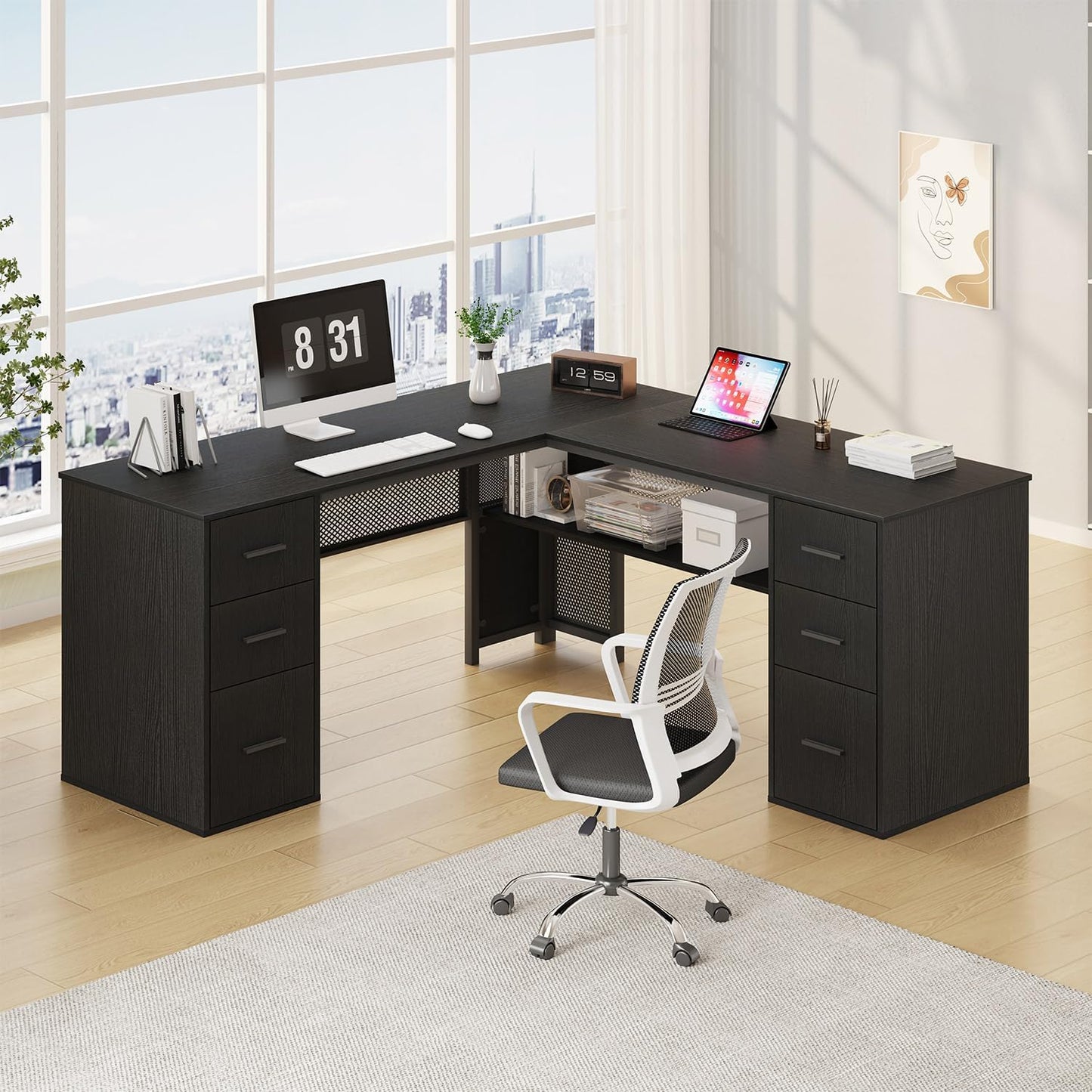HSH - Black L Shape Corner Desk with Filing Drawers and Shelves, Reversible Corner Desk Made of Metal and Wood with Storage Cabinets