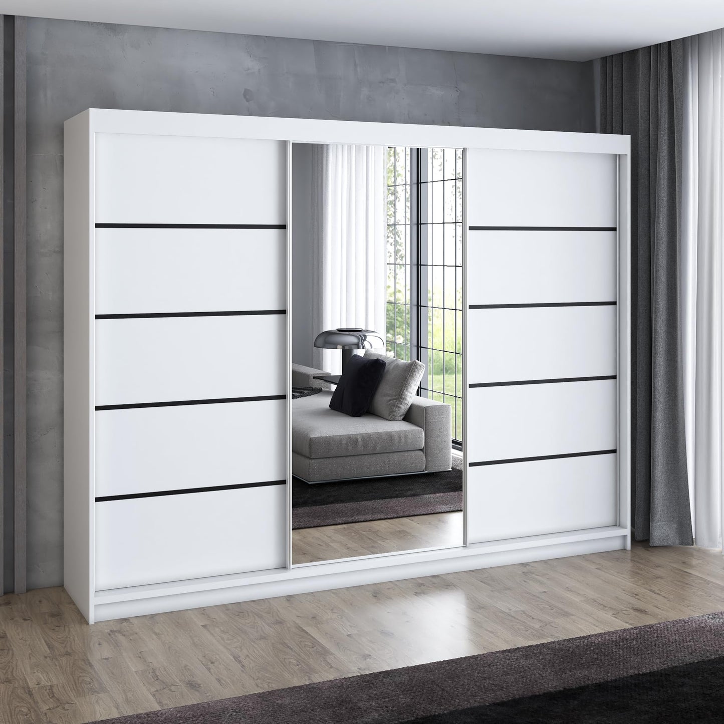 A&J MöbelLand Schwebetürenschrank VILANO 2, 3-türig Schrank 200 cm Kleiderschrank mit 4 Schubladen, und Spiegel (Weiß, Schwarz, Somona) (Schwarz/schwarz/schwarz)