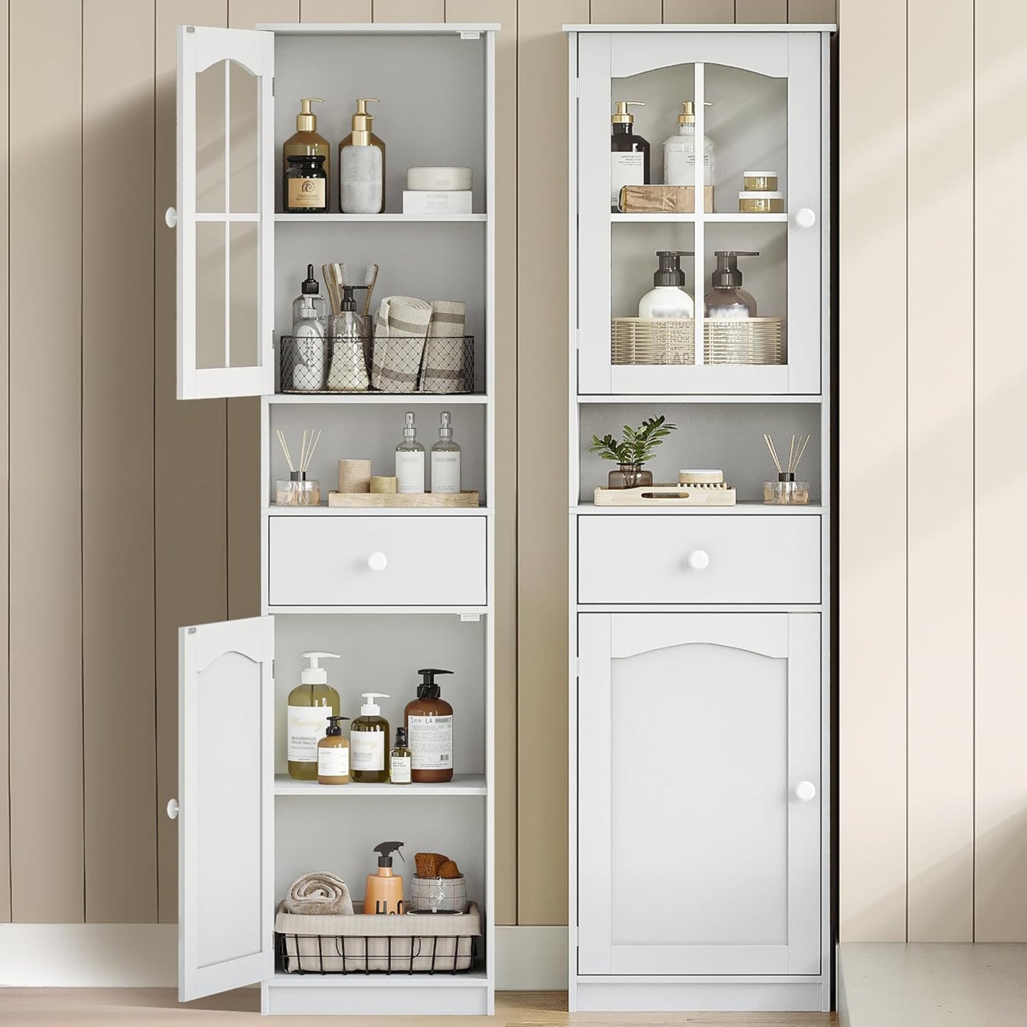 Hzuaneri SC10003X Bathroom Cabinet with Glass Door, High Storage Cabinet with 2 Doors and 1 Drawer, Adjustable Shelves, Bathroom, Living Room, 40 x 30 x 170 cm, White