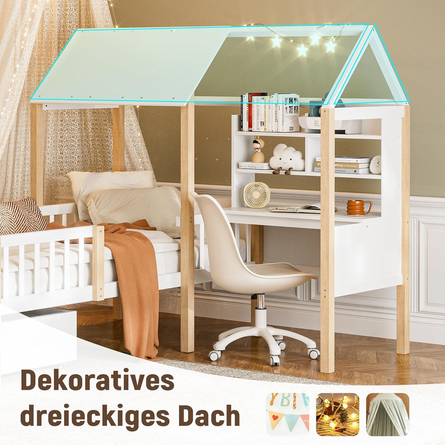 Merax Children's Bed 90 x 200 cm with Fall Protection, Children's House Bed with Drawers and Storage Shelf, Sturdy Wooden Tree House Bed with Slatted Frame, Play Bed for Boys and Girls, White