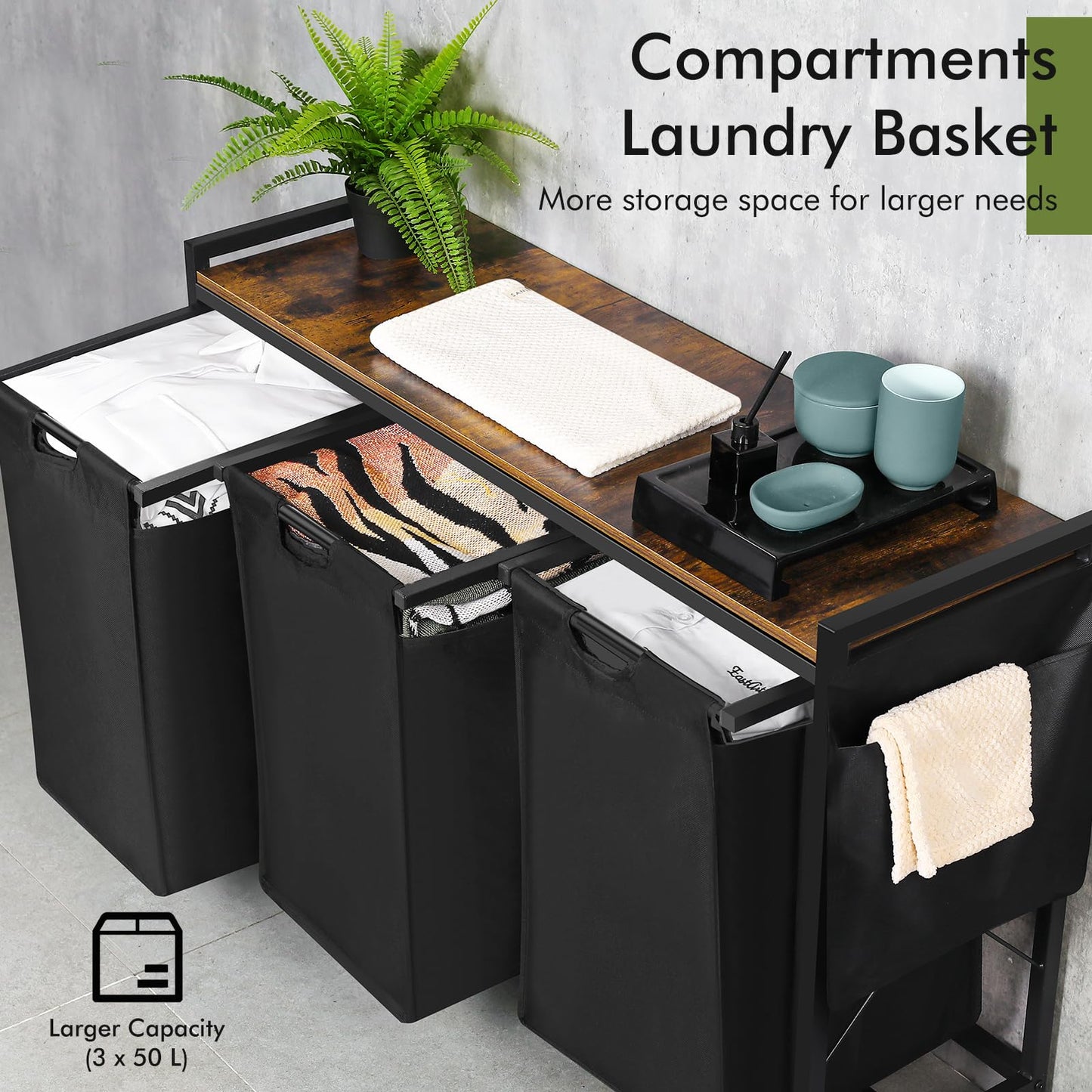 Laundry Basket, 3 Compartments, Laundry Hamper with Shelf, Total Capacity 160 L, Oxford Fabric Laundry Bag, Extendable, Removable, Laundry Box with Side Pockets and X-Shape Holder (3