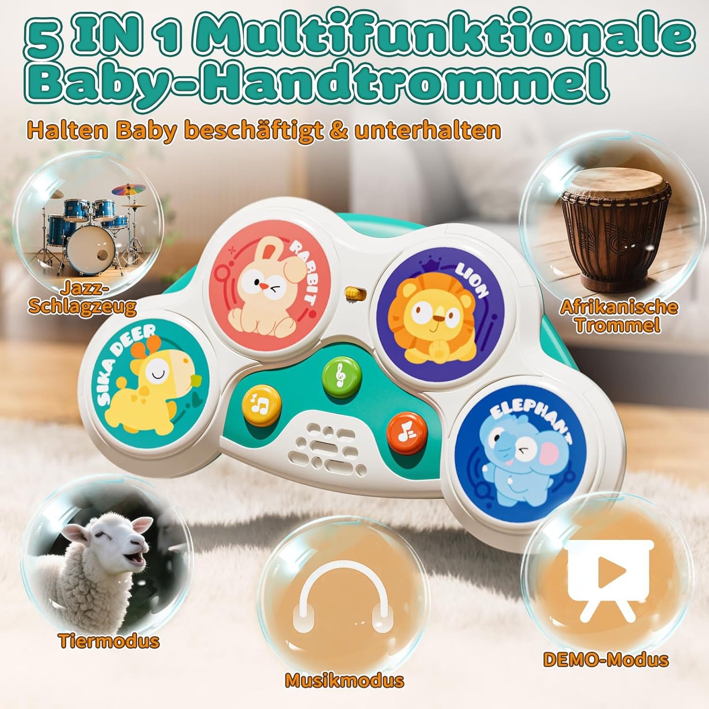 Lehoo Castle Baby Trommel Musik Spielzeug ab 6 Monate, Babyspielzeug mit 3 Arten von Klangeffekten + intelligente Spielmodus, 3 6 9 12 Monate+ Baby Geschenk sensorische Ausbildung