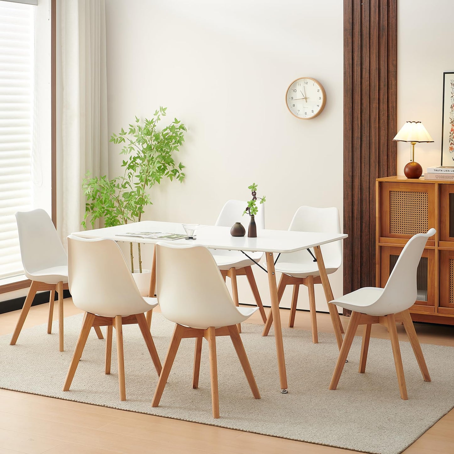 H.J WeDoo Esszimmergruppe mit 4 Essstühlen, Rechteckig Esstisch und Stühle für Esszimmer, Küche, Wohnzimmer, Weißer Esstisch und Graue Stühle