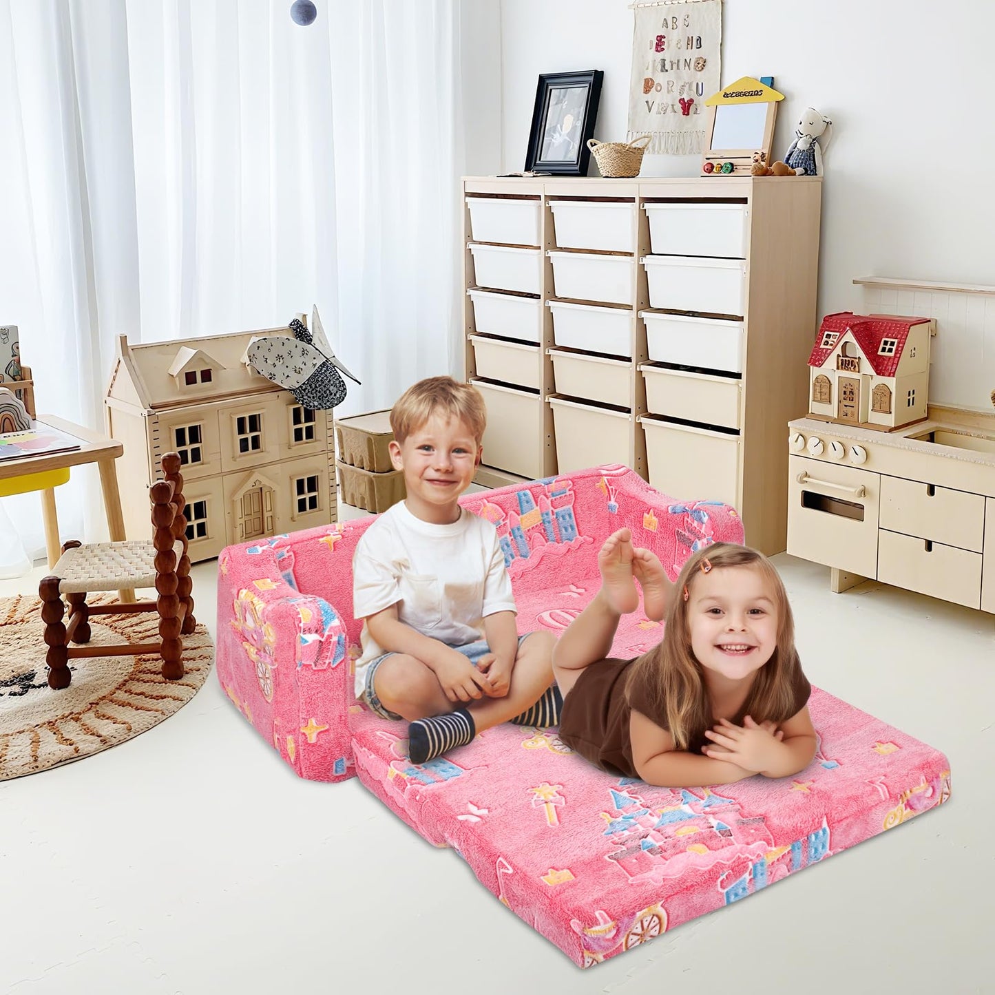 Children's Sofa Fold-Out 2-in-1, Extra Large Children's Sofa Glows in the Dark with Sleep Function, Children's Chair for Children's Room, Playroom, Astronauts