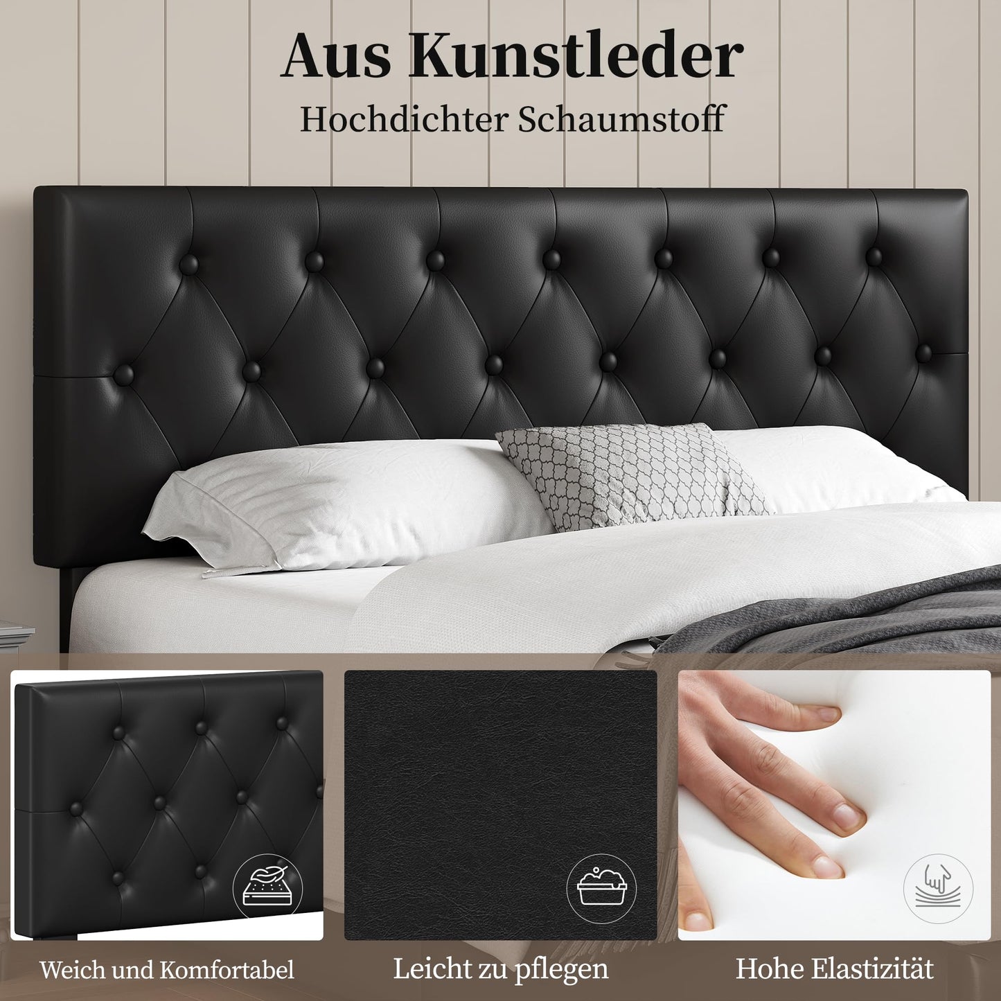 Yaheetech Polsterbett 140 x 200 cm Doppelbett Bettrahmen mit 2 Schubladen höhenverstellbares Kopfteil Gepolstertes Bett mit Lattenrost viel Stauraum, Schwarz