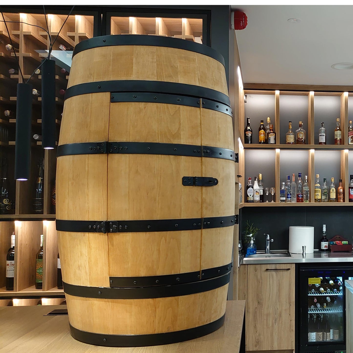 CREATIVE COOPER Wooden Wine Rack with Door with LED - Alcohol Cabinet Bottle Rack Wood - Wooden Barrel - Barrel Furniture - Wine Stand - Wine Barrel - Wine Bar - Barrel Bar with Door - Mini Bar 80 cm