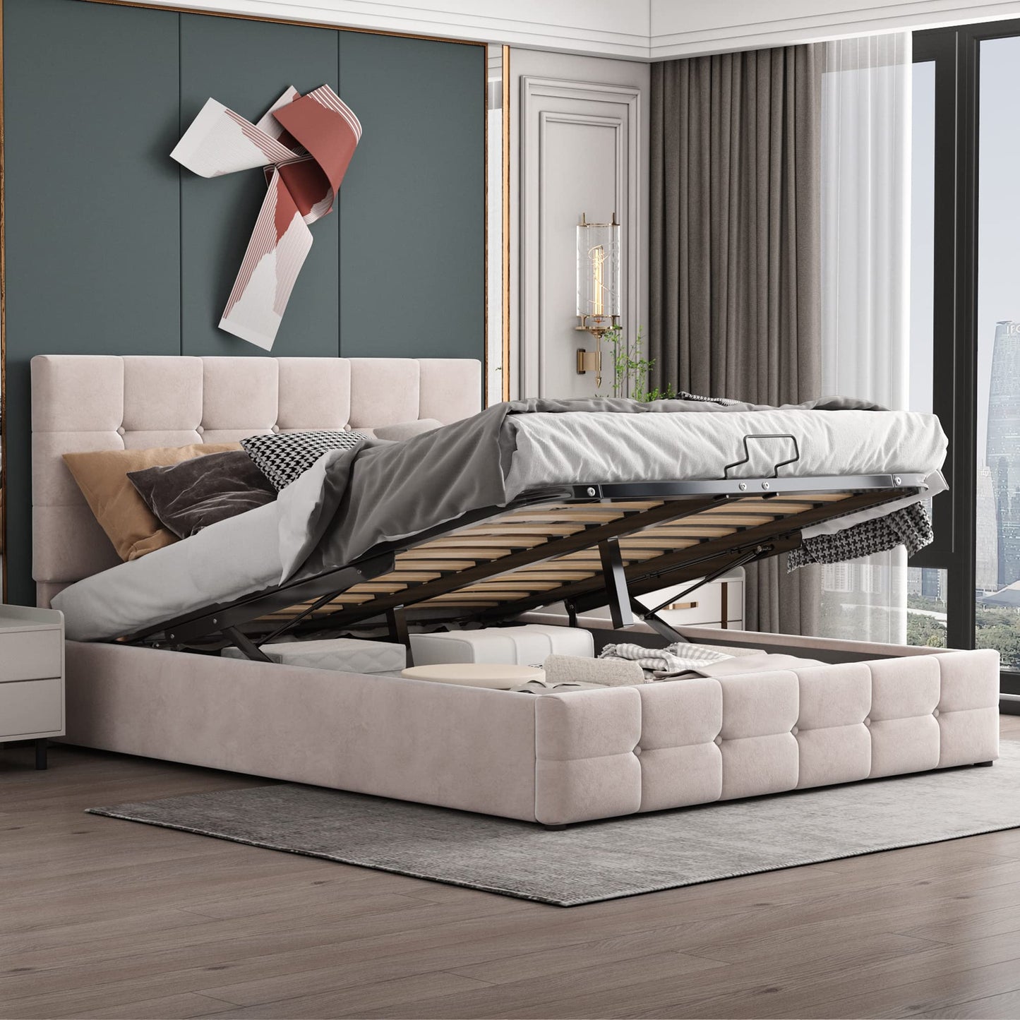 Gegtuon Upholstered Bed 140 x 200 cm, Double Bed with Headboard, Storage Bed Youth Bed with Hydraulic Storage Space Underbed, Functional Bed, Guest Bed, Bed Frame, Slatted Frame, Without Mattress,