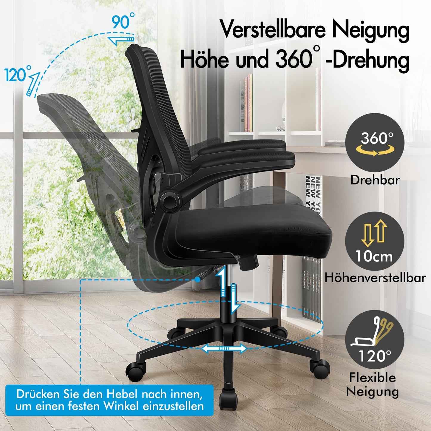 ALFORDSON Bürostuhl, Lendenstütze, Atmungsaktives Netz und Stoff, Hochklappbare/Verstellbare Armlehnen, Hochwertiger Schaumstoff, 180kg für Zuhause & Gaming, Wale, Schwarz