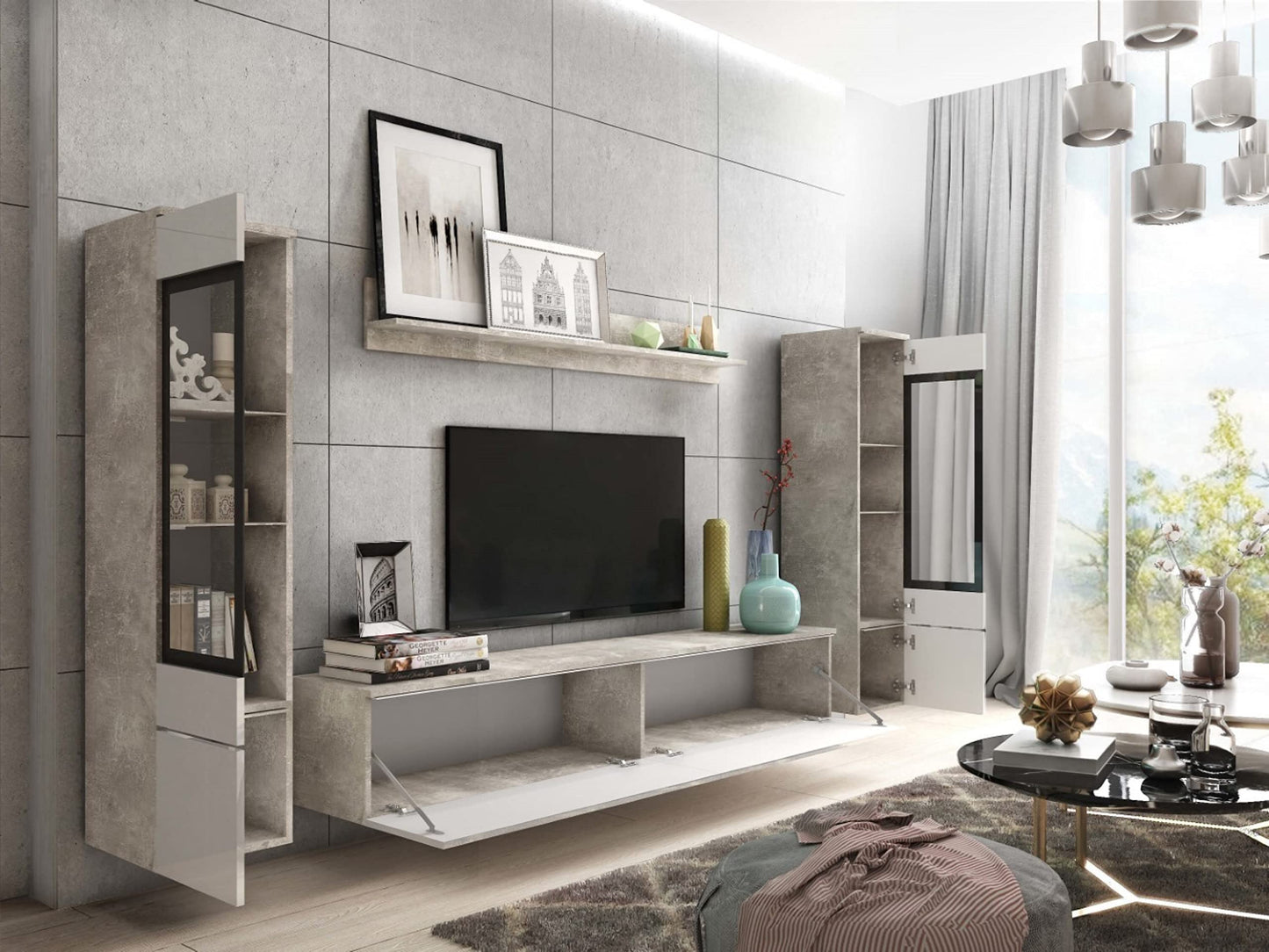 MINIO go for it Veve 2, 4-Piece Wall Unit Set, Hanging or Standing, 2 x Tall Cabinet Display Cabinets, Lowboard, Wall Board, Laminated Clamping Plate, Wotan Oak and Black Gloss, without Lighting