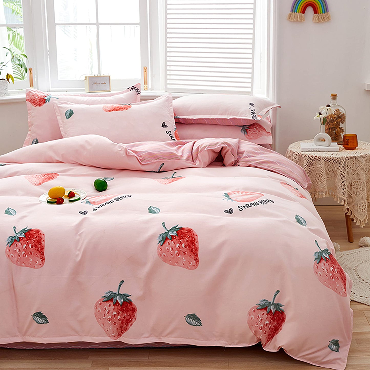 GETIYA Cartoon Hearts Bed Linen, 135 x 200 cm, Girls'/Women’s/Children’s Bed Linen, Pink Hearts Pattern, Duvet Cover, Microfibre, Duvet Cover, Light Pink, with Zip and Pillowcase, 80 x 80 cm