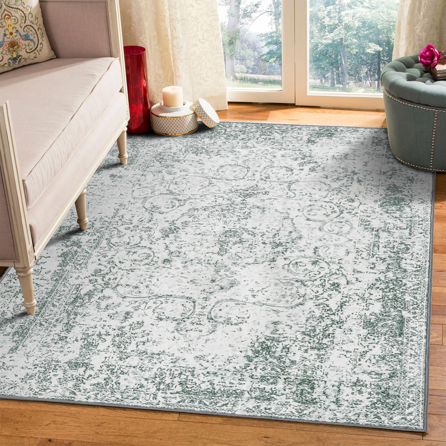 WONGS BEDDING Boho Rug Living Room Bedroom Short Pile Rugs Washable Soft Non-Slip Vintage Design